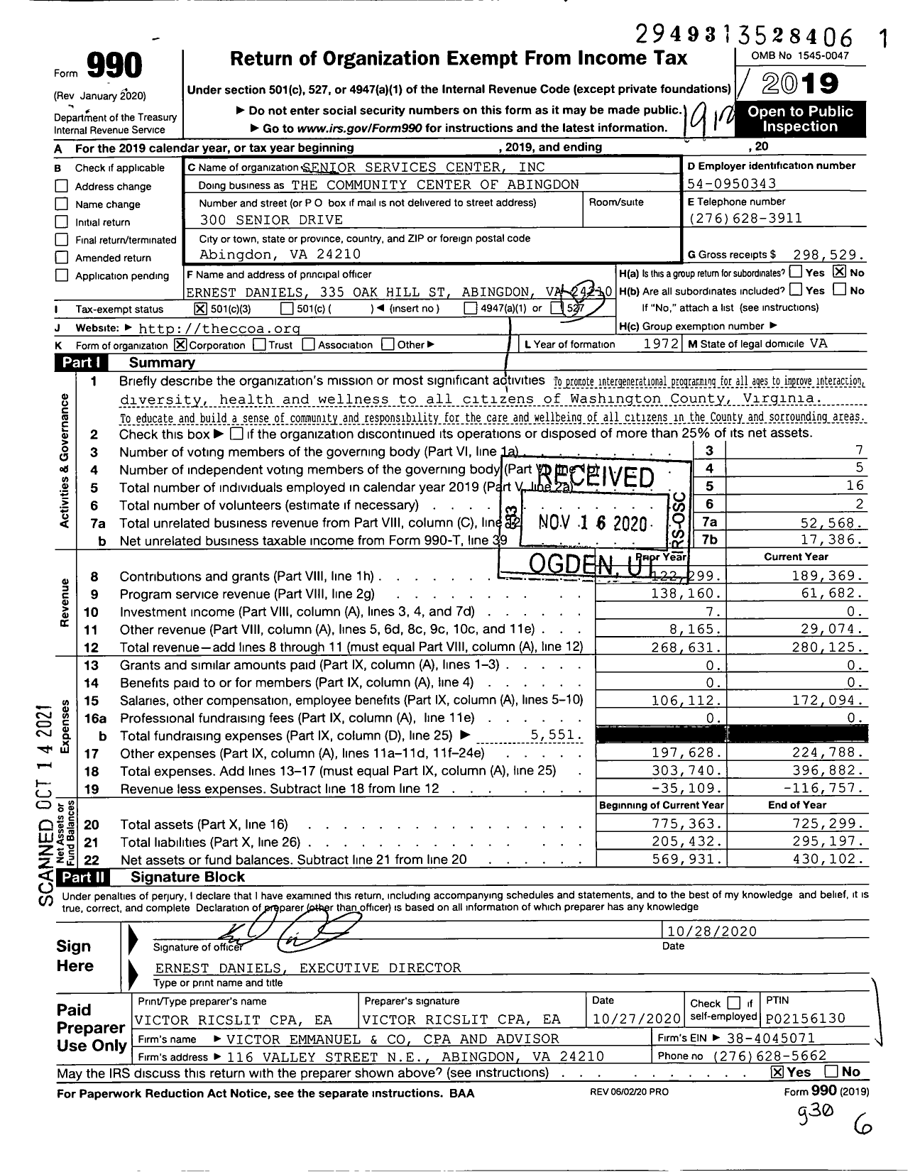 Image of first page of 2019 Form 990 for The Community Center of Abingdon