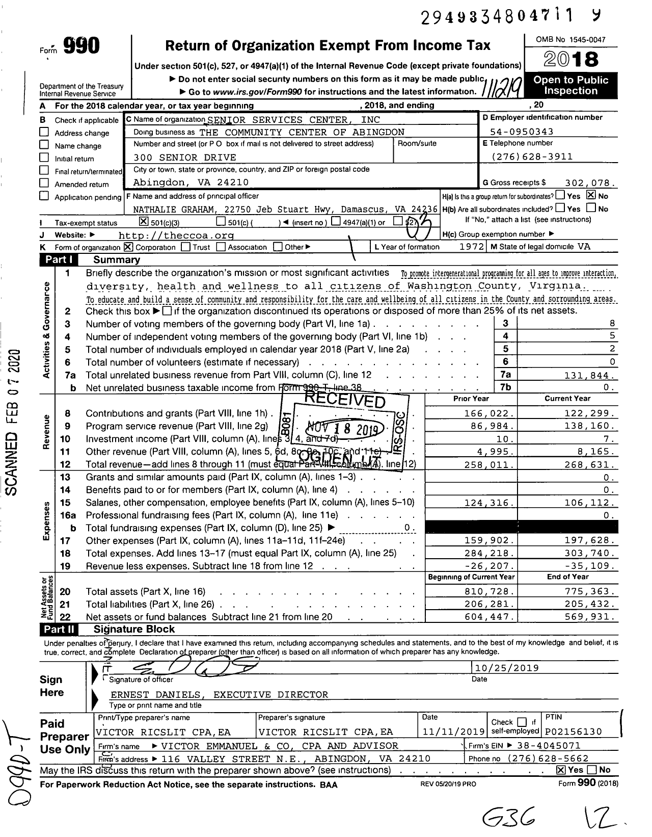 Image of first page of 2018 Form 990 for The Community Center of Abingdon