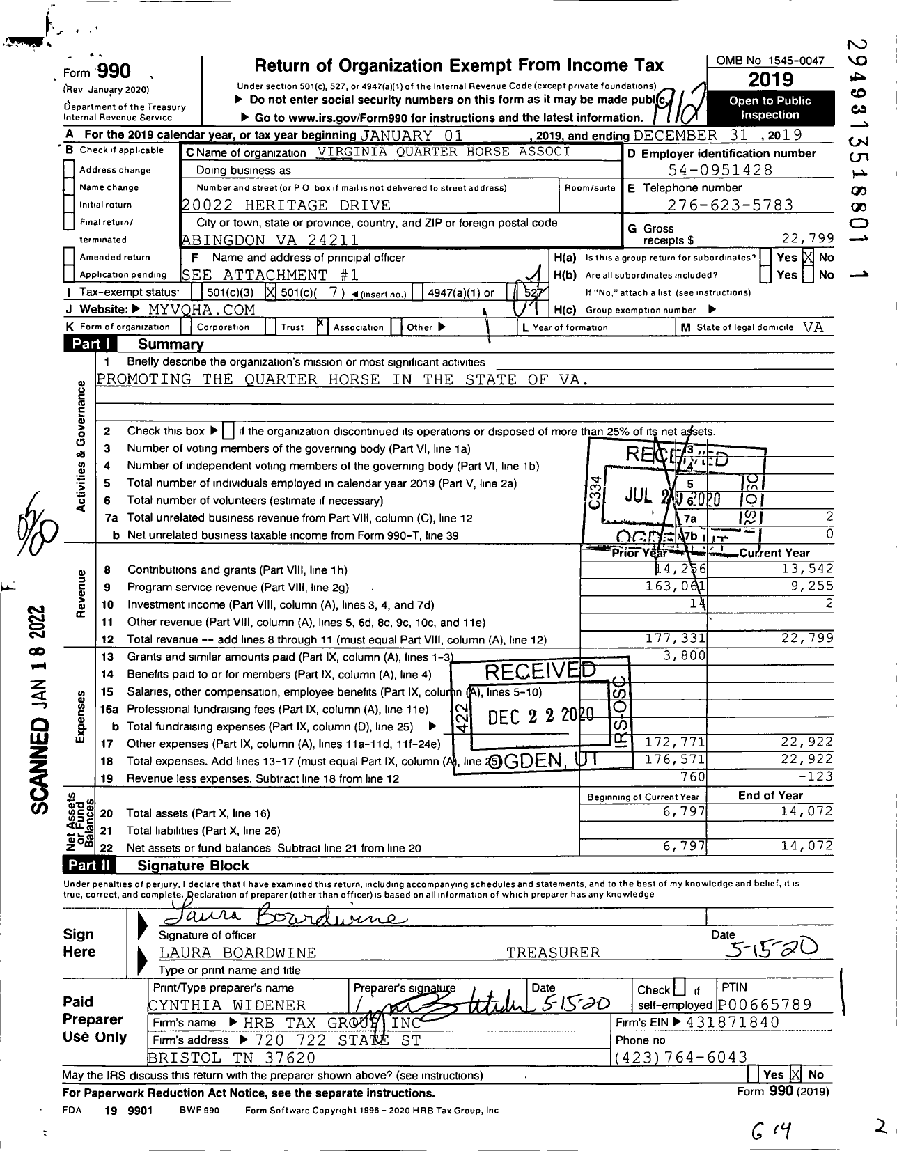 Image of first page of 2019 Form 990O for Virginia Quarter Horse Association