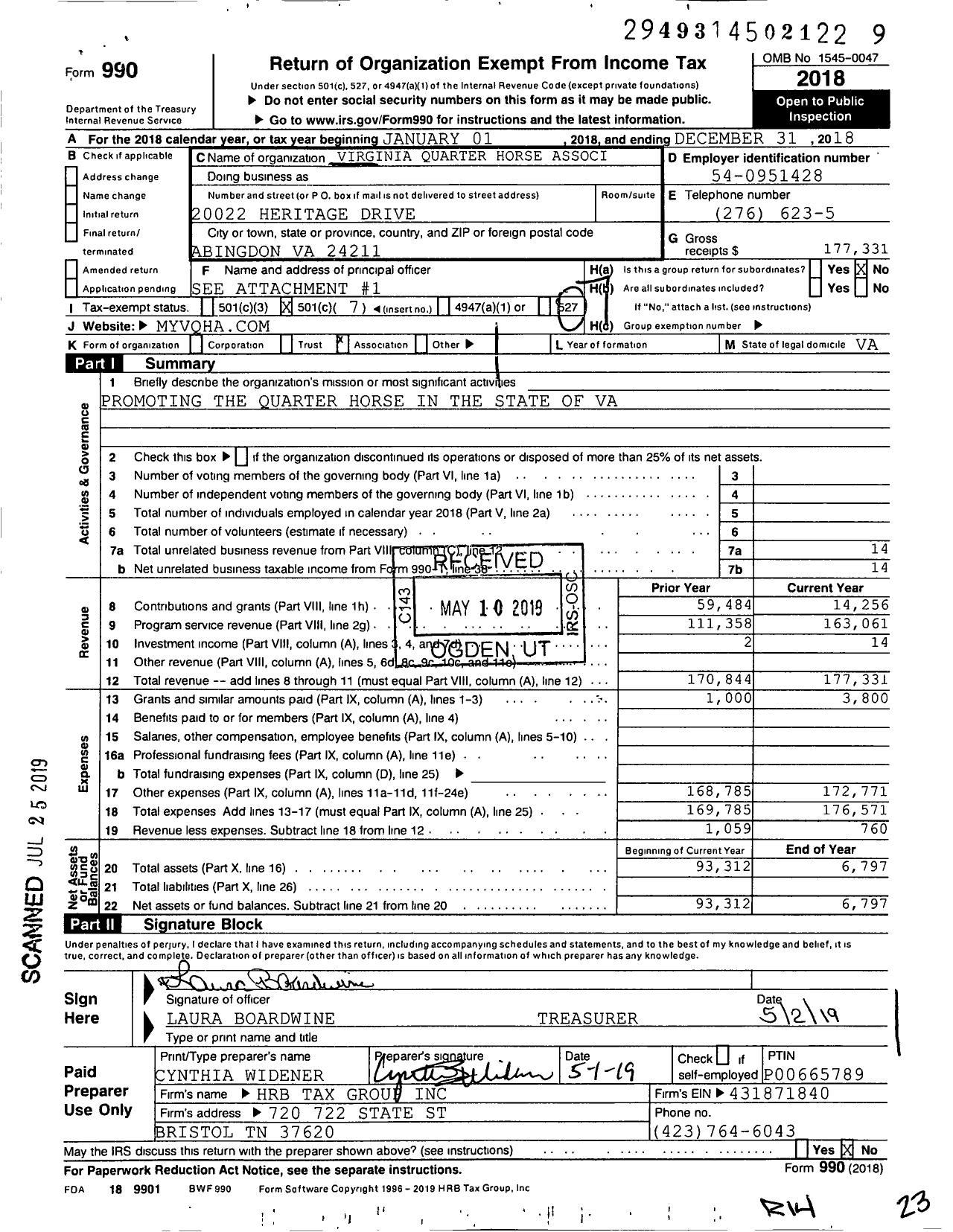 Image of first page of 2018 Form 990O for Virginia Quarter Horse Association