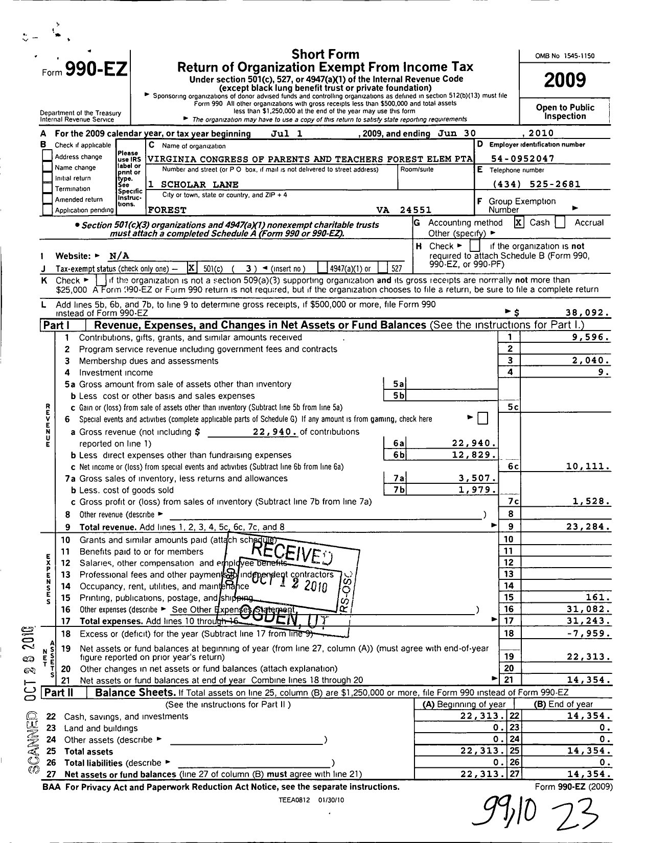 Image of first page of 2009 Form 990EZ for Virginia PTA - Forest Elem PTA