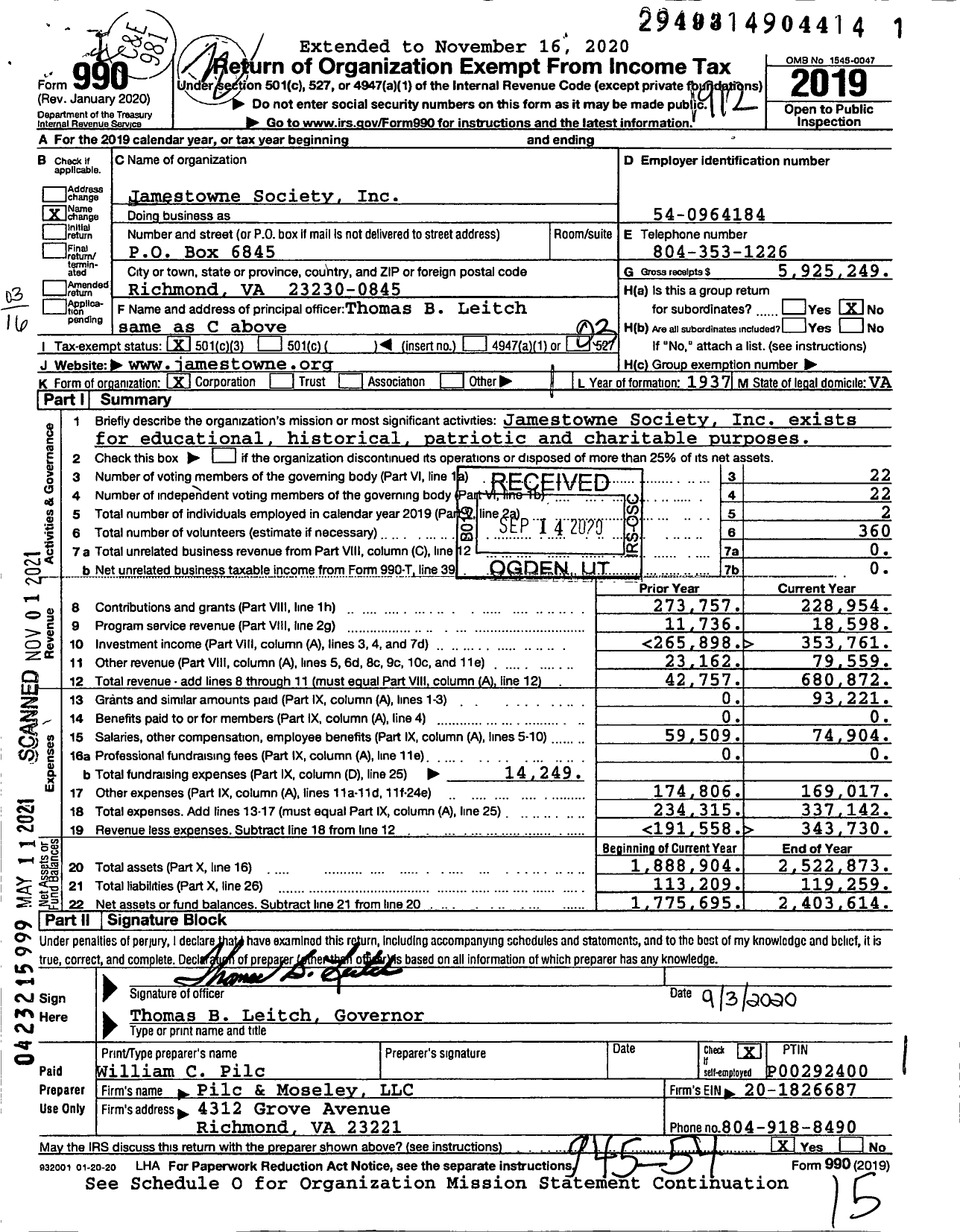 Image of first page of 2019 Form 990 for Jamestowne Society