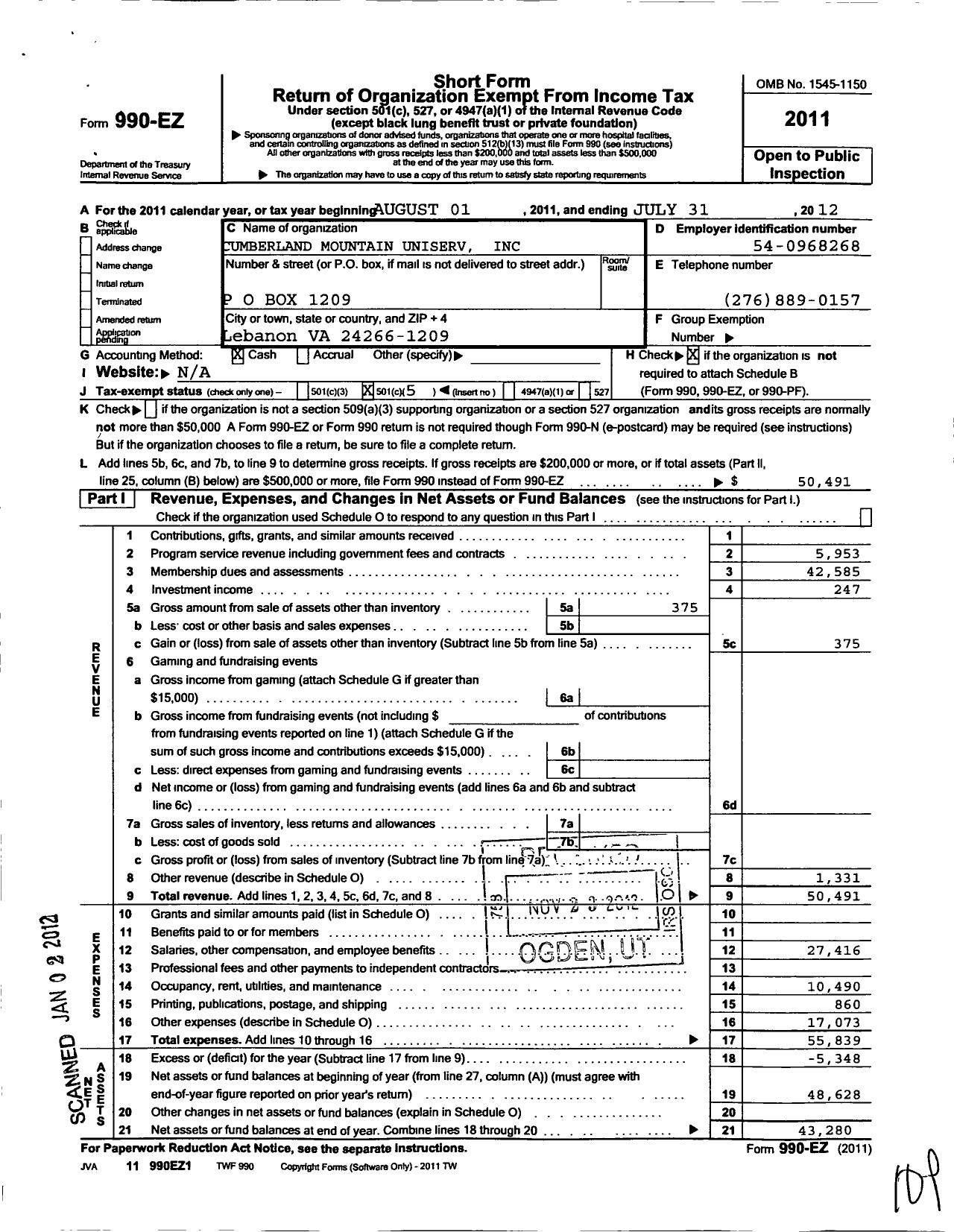 Image of first page of 2011 Form 990EO for Cumberland Mountain Uniserv Unit