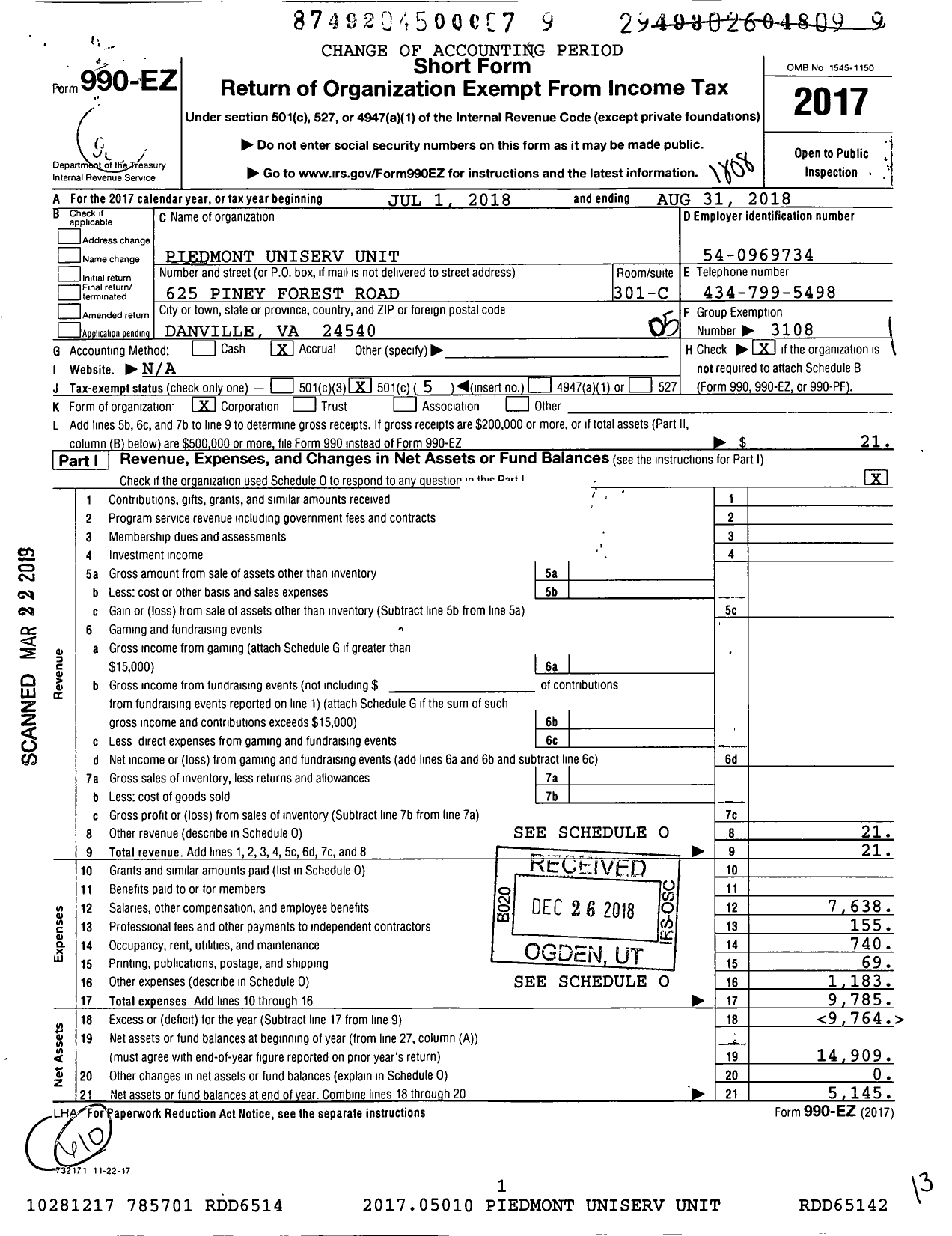 Image of first page of 2017 Form 990EO for Piedmont Uniserv Unit