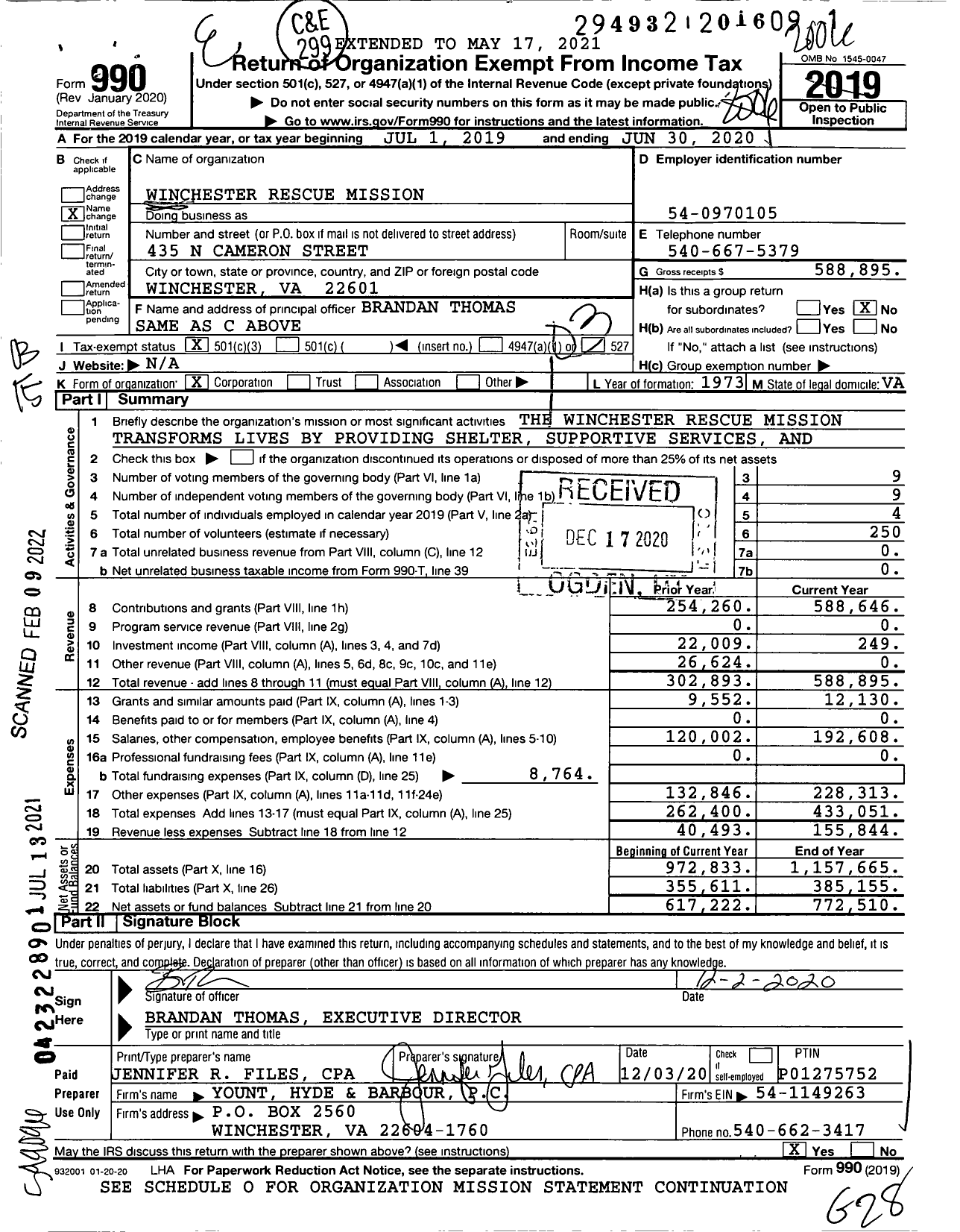 Image of first page of 2019 Form 990 for Winchester Rescue Mission