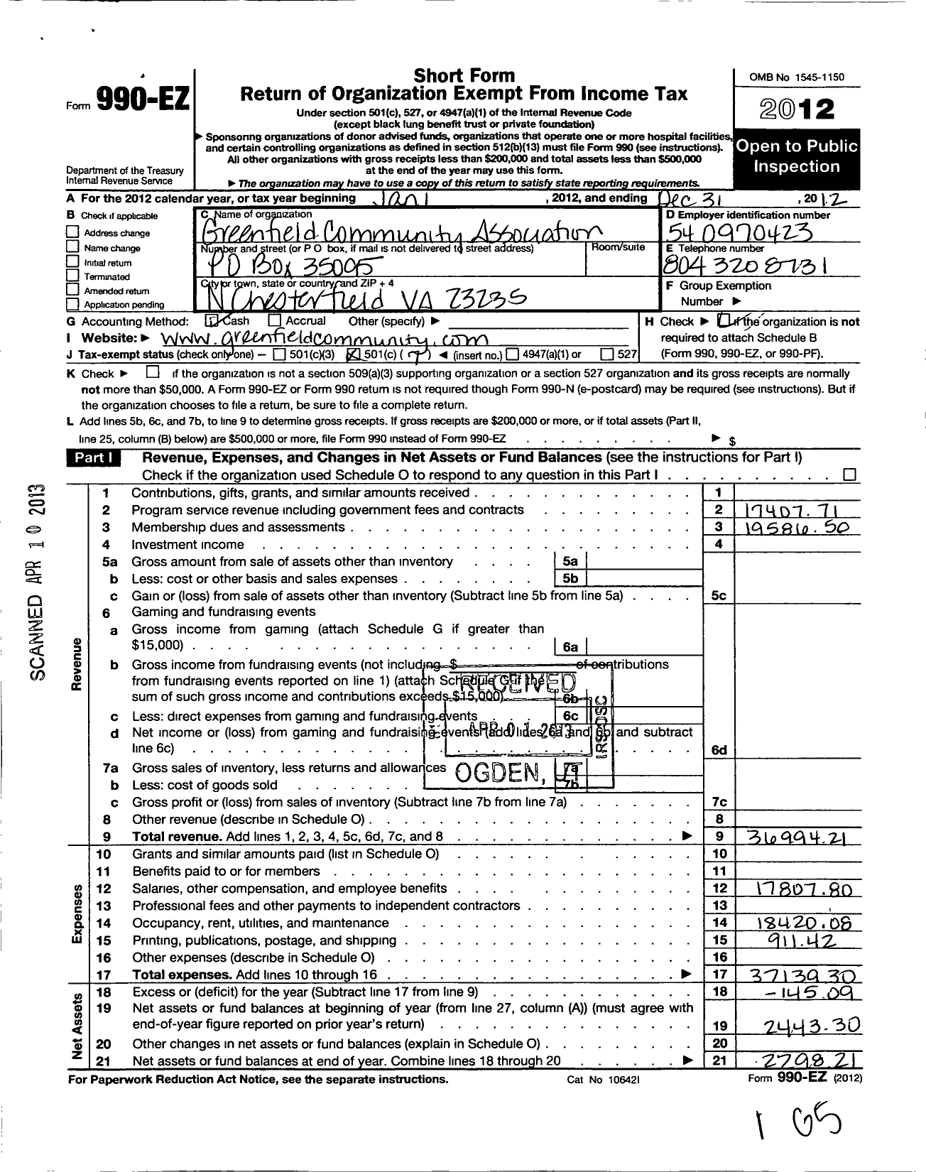 Image of first page of 2012 Form 990EO for Greenfield Community Association