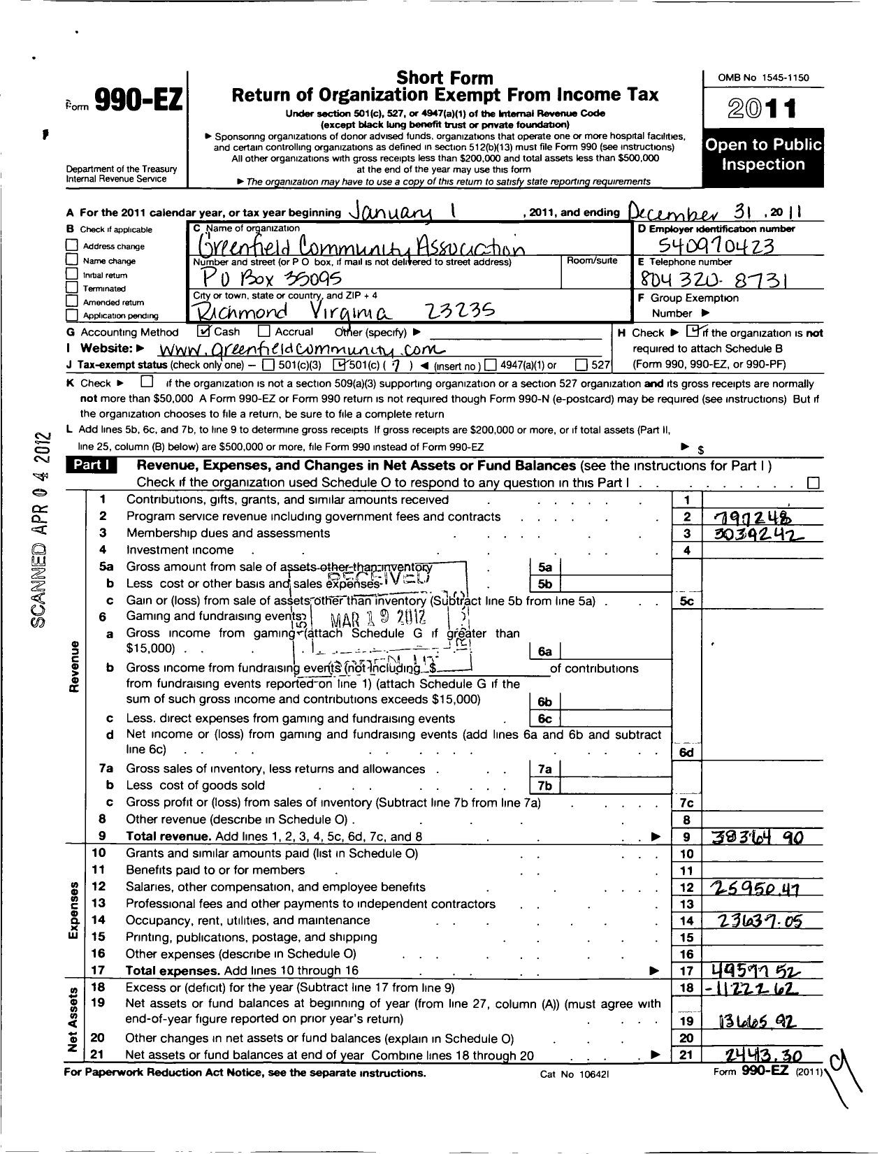 Image of first page of 2011 Form 990EO for Greenfield Community Association