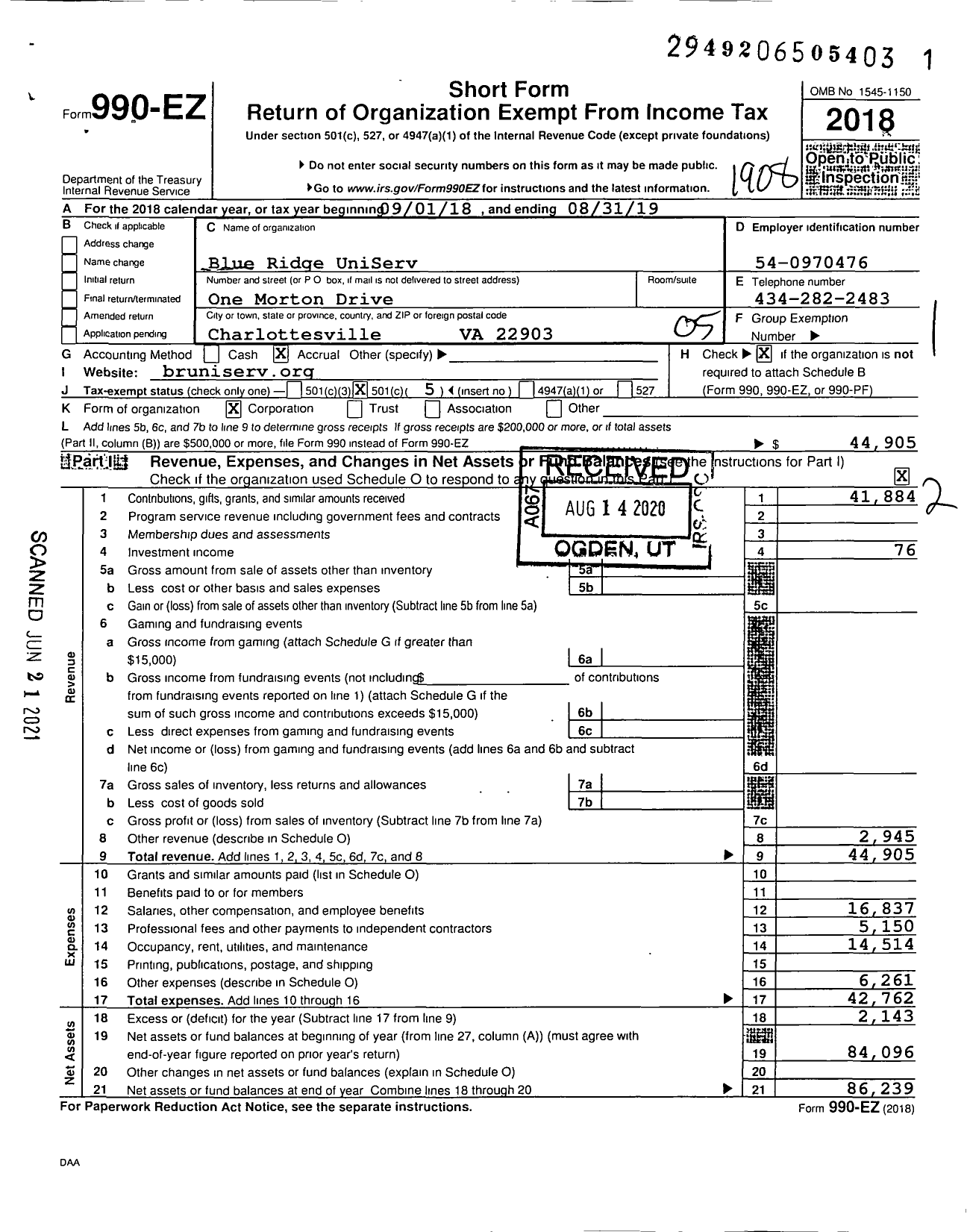 Image of first page of 2018 Form 990EO for Blue Ridge Uniserv