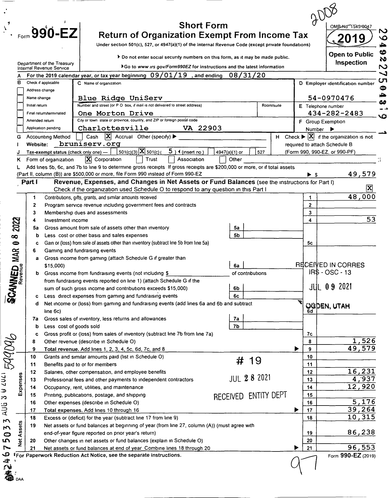 Image of first page of 2019 Form 990EO for Blue Ridge Uniserv