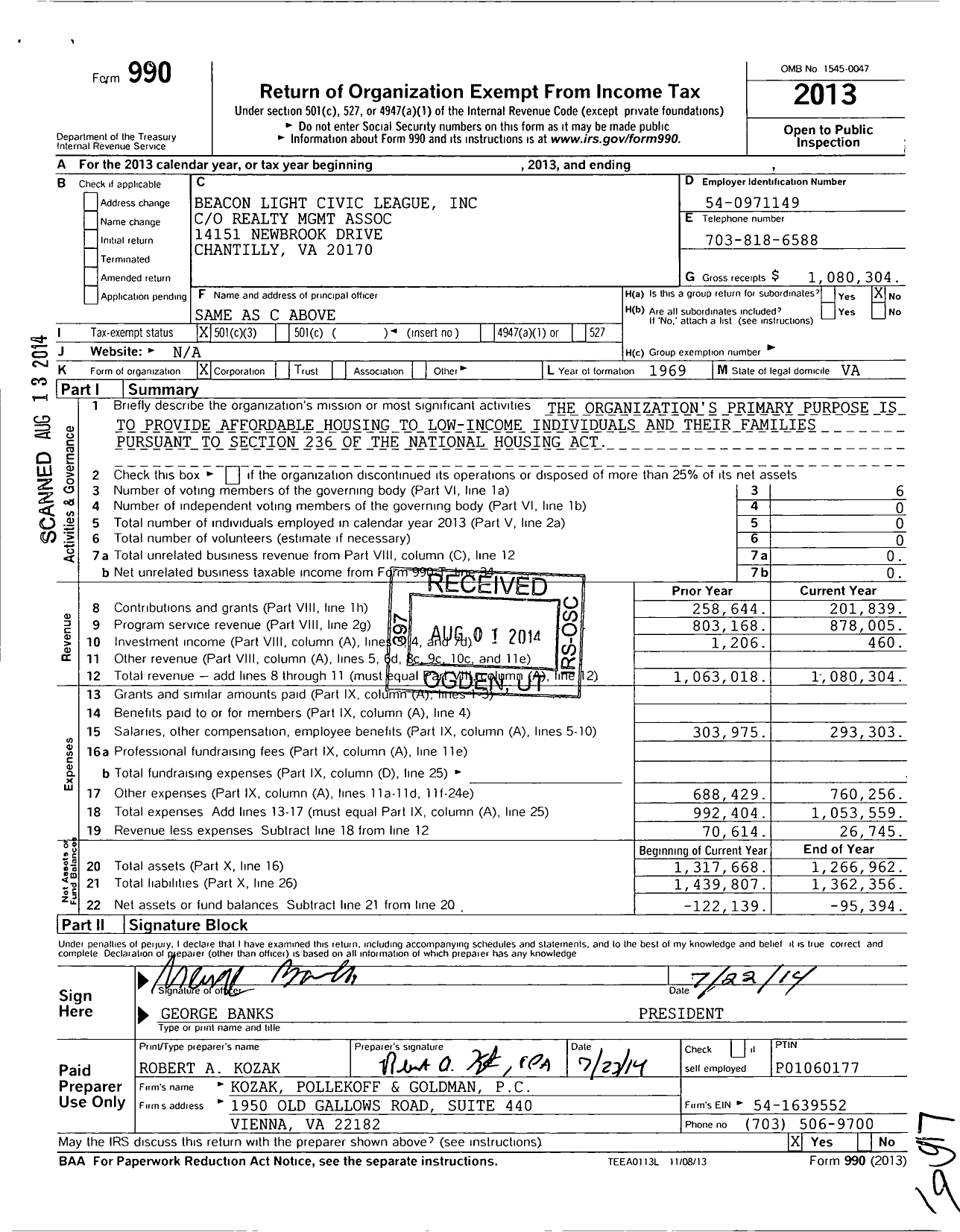 Image of first page of 2013 Form 990 for Beacon Light Civic League Bell Diamond Apts