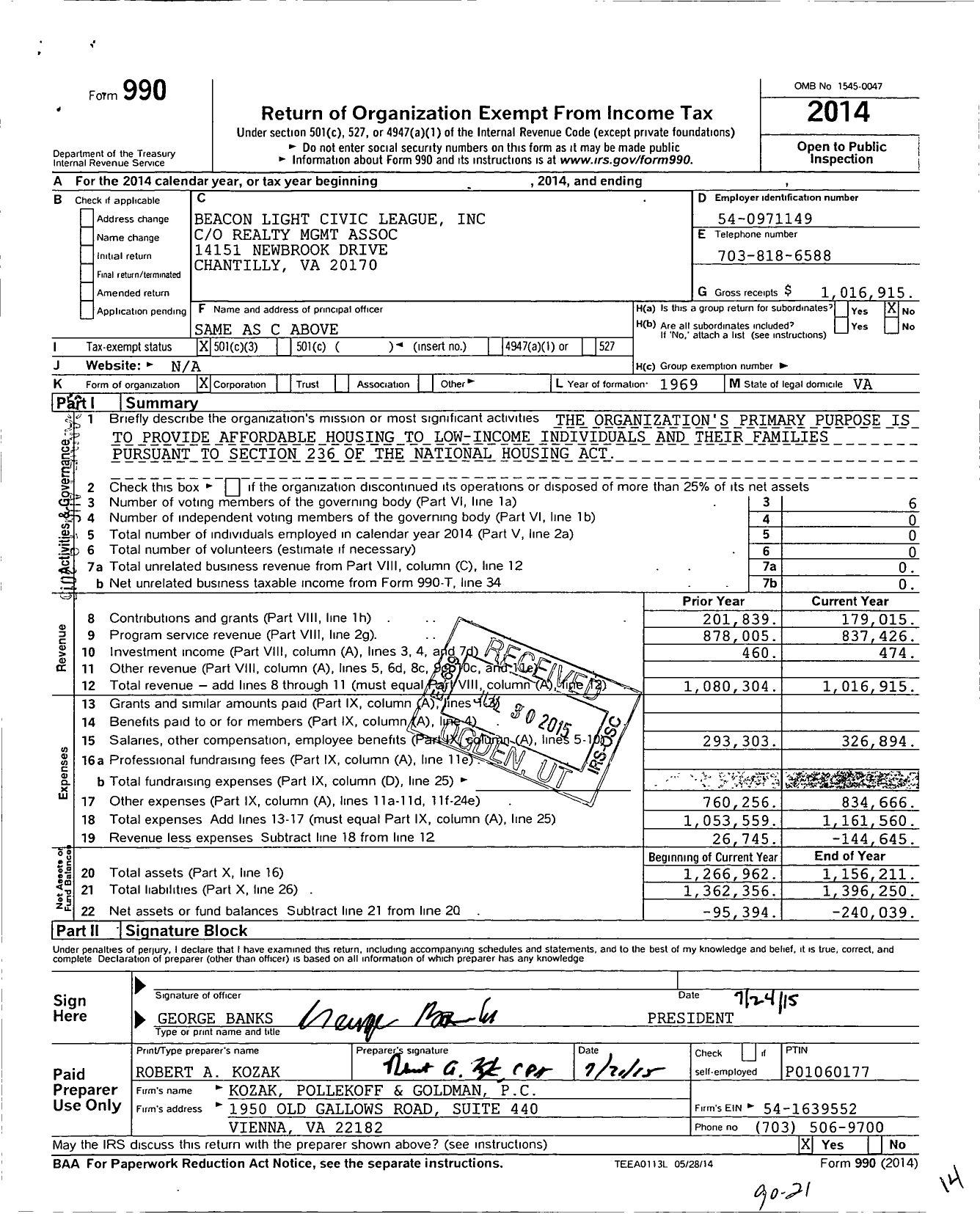 Image of first page of 2014 Form 990 for Beacon Light Civic League Bell Diamond Apts