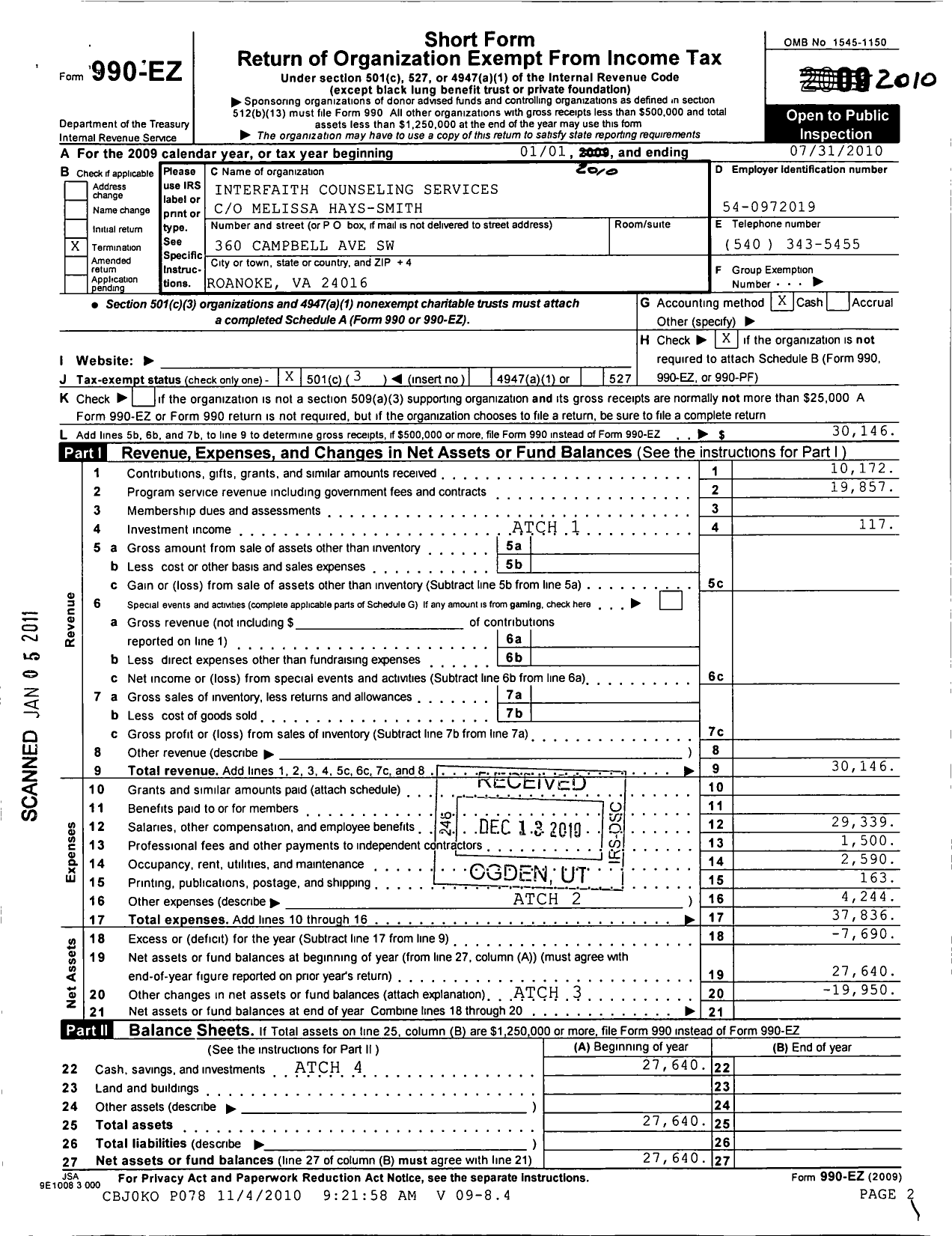 Image of first page of 2009 Form 990EZ for Interfaith Counseling Services