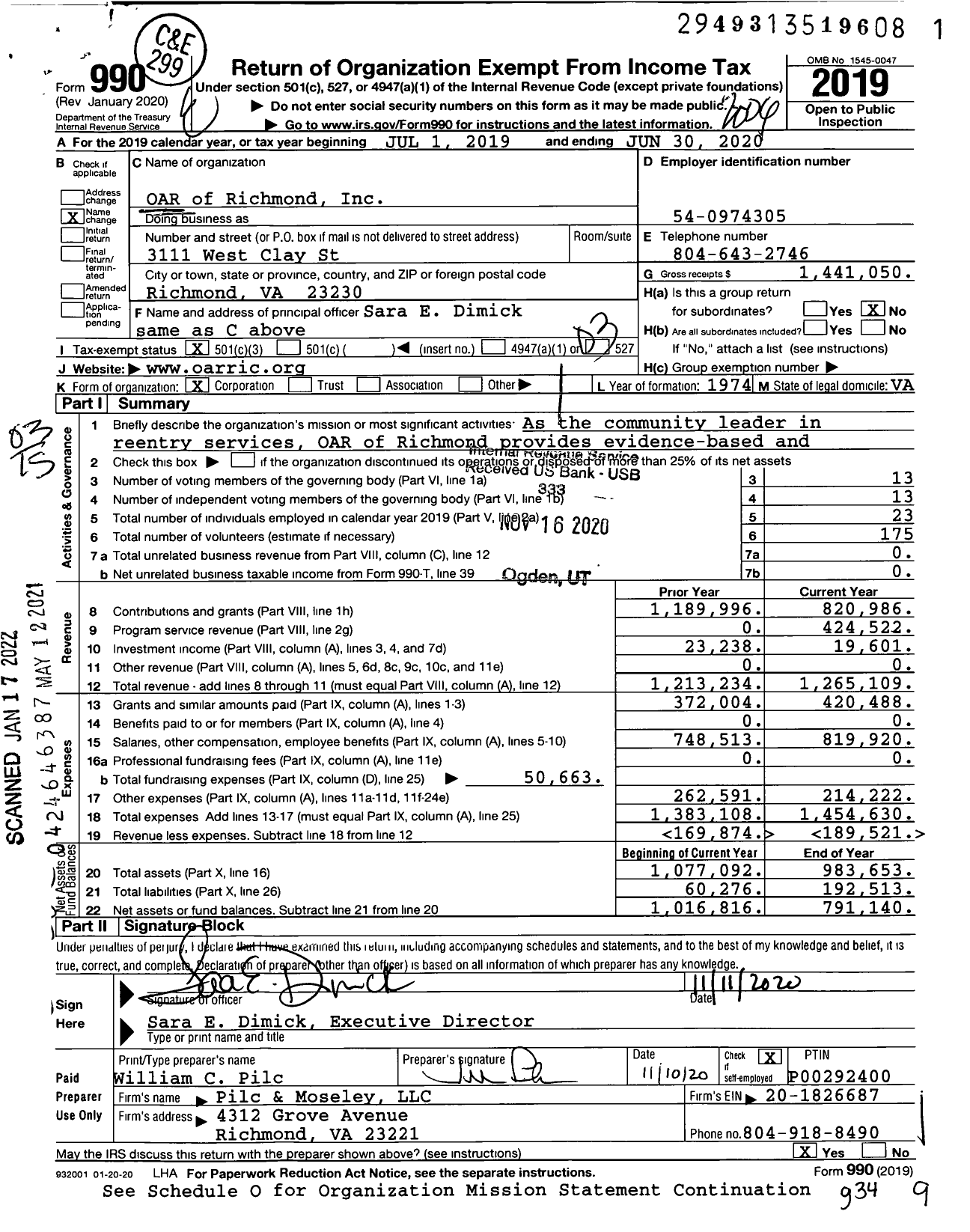 Image of first page of 2019 Form 990 for OAR of Richmond