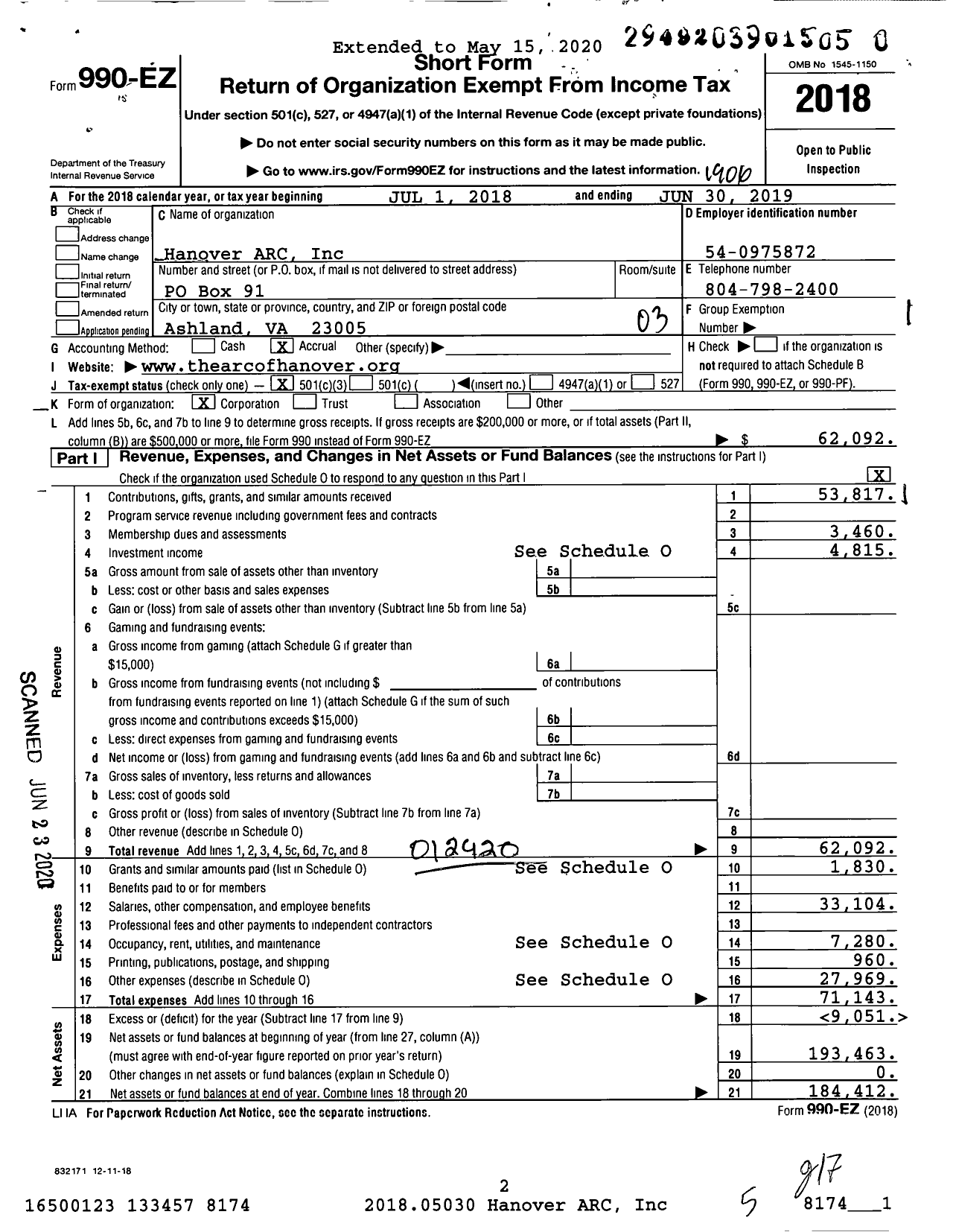 Image of first page of 2018 Form 990EZ for Hanover Arc