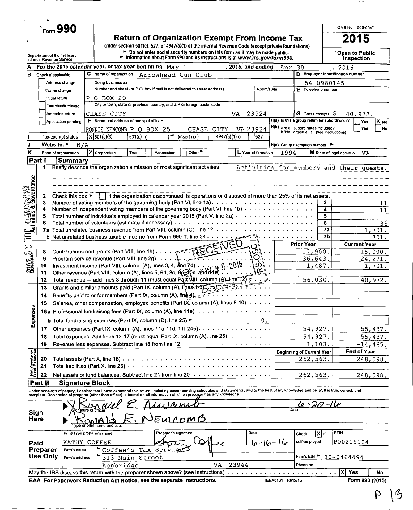 Image of first page of 2015 Form 990 for Arrowhead Gun Club