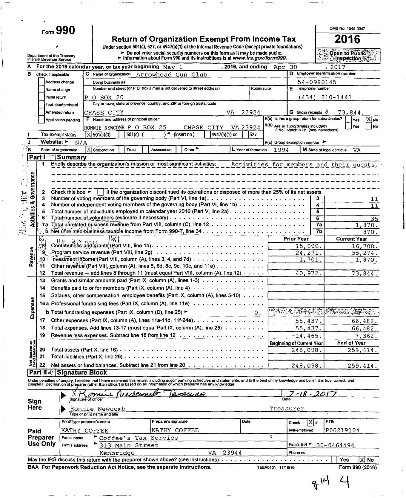 Image of first page of 2016 Form 990 for Arrowhead Gun Club