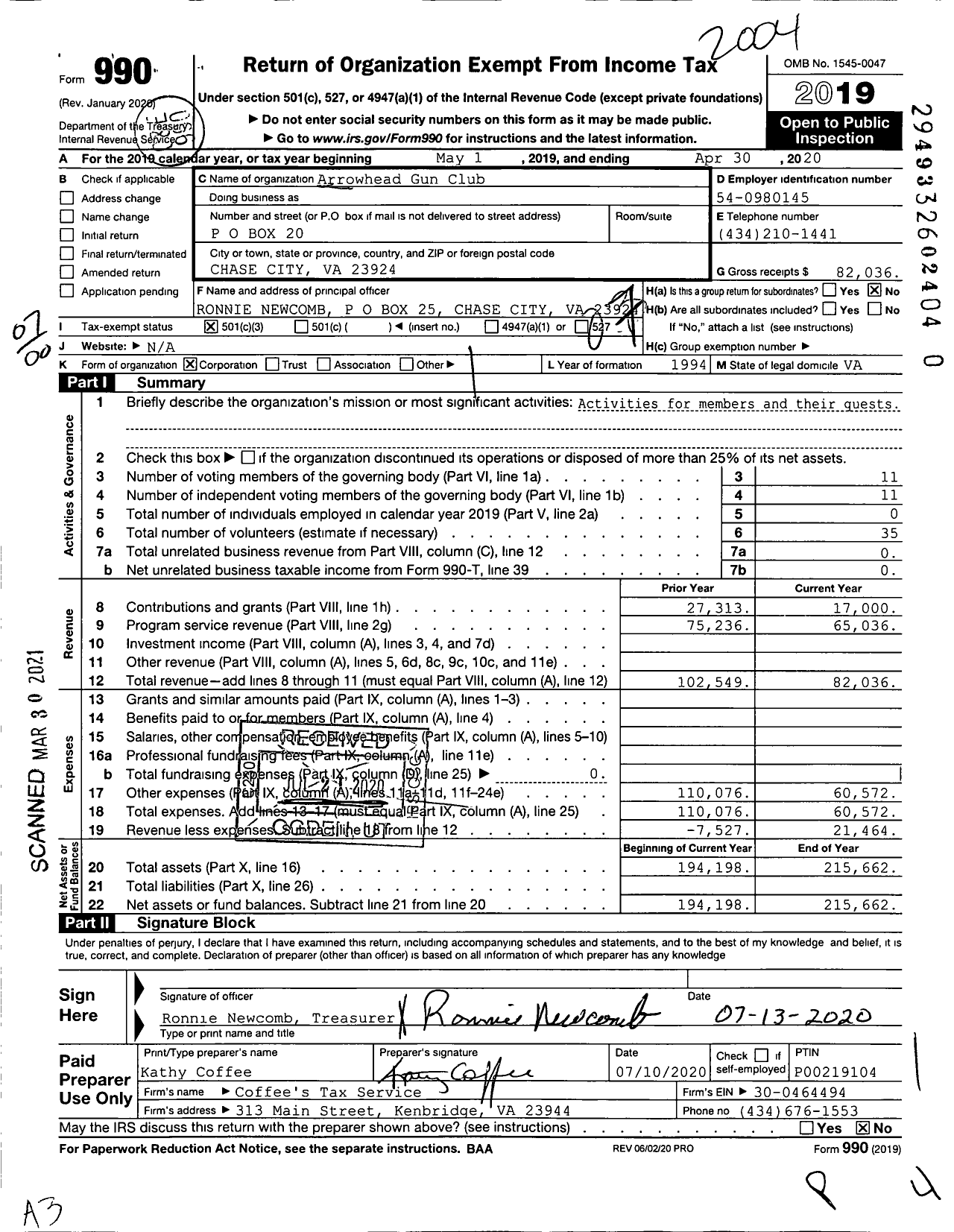 Image of first page of 2019 Form 990O for Arrowhead Gun Club