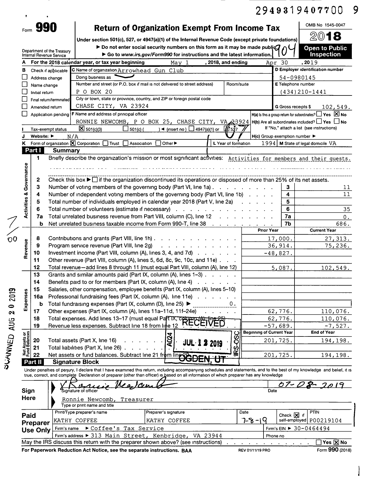 Image of first page of 2018 Form 990O for Arrowhead Gun Club