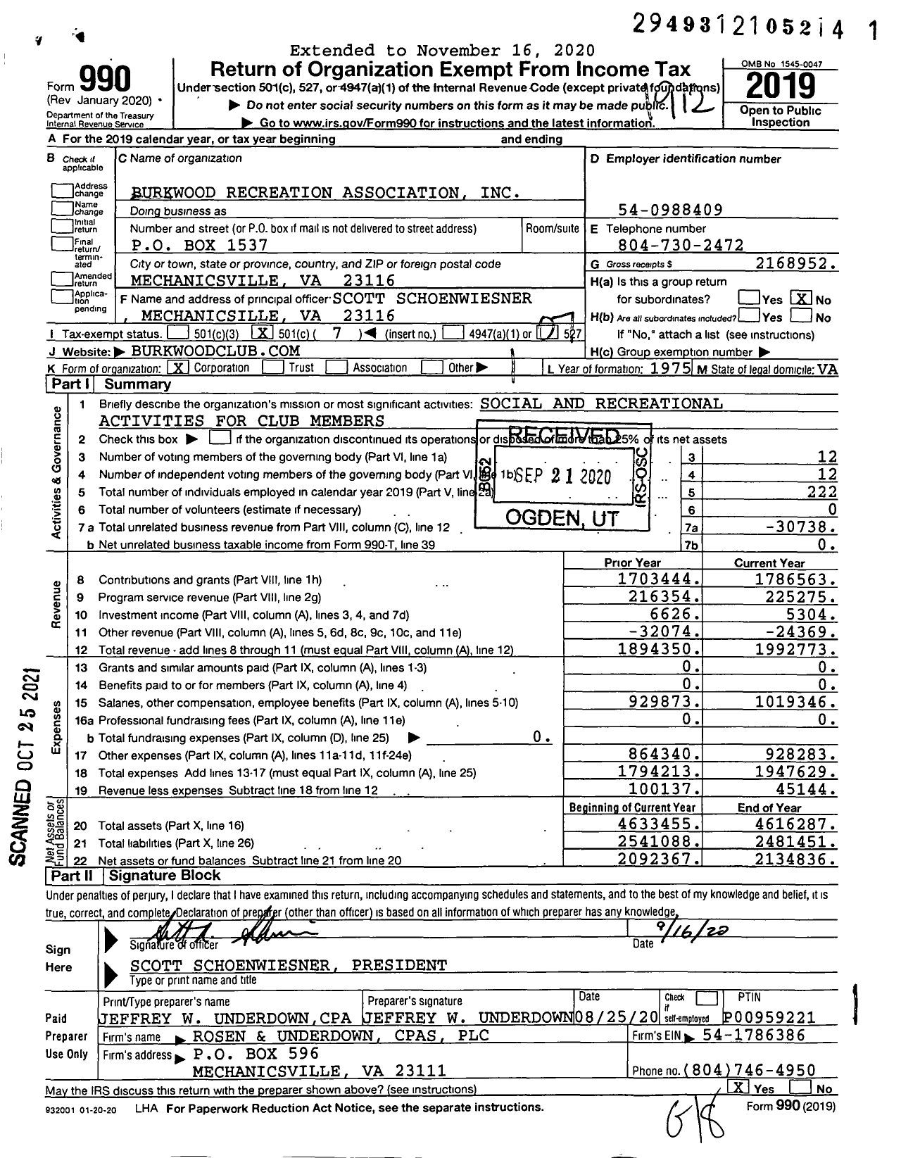 Image of first page of 2019 Form 990O for Burkwood Recreation Association