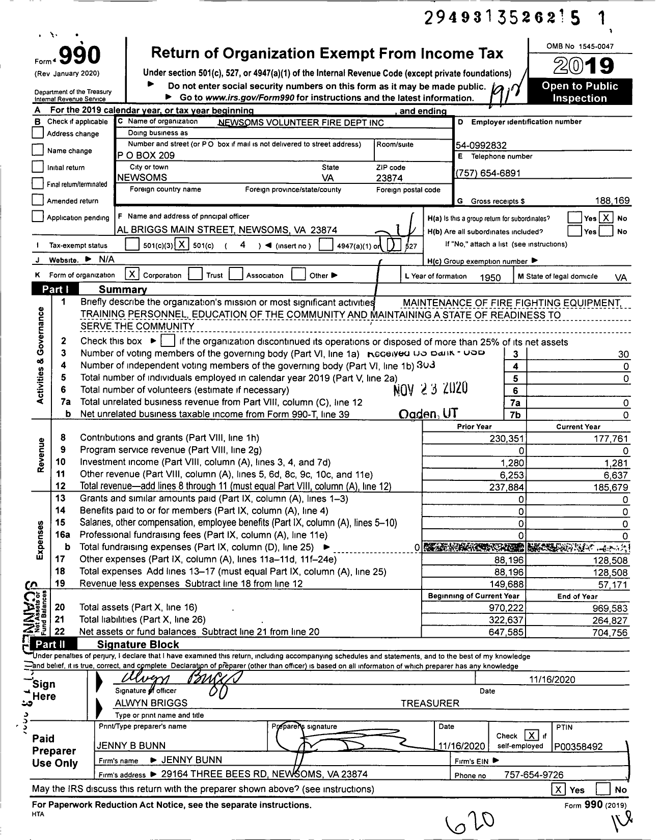 Image of first page of 2019 Form 990O for Newsoms Volunteer Fire Department Incorporated