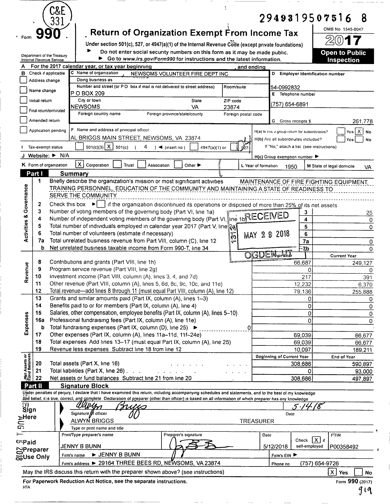 Image of first page of 2017 Form 990O for Newsoms Volunteer Fire Department Incorporated