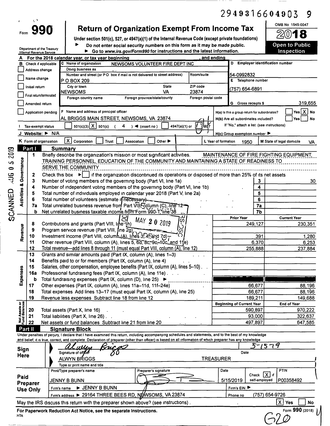 Image of first page of 2018 Form 990O for Newsoms Volunteer Fire Department Incorporated