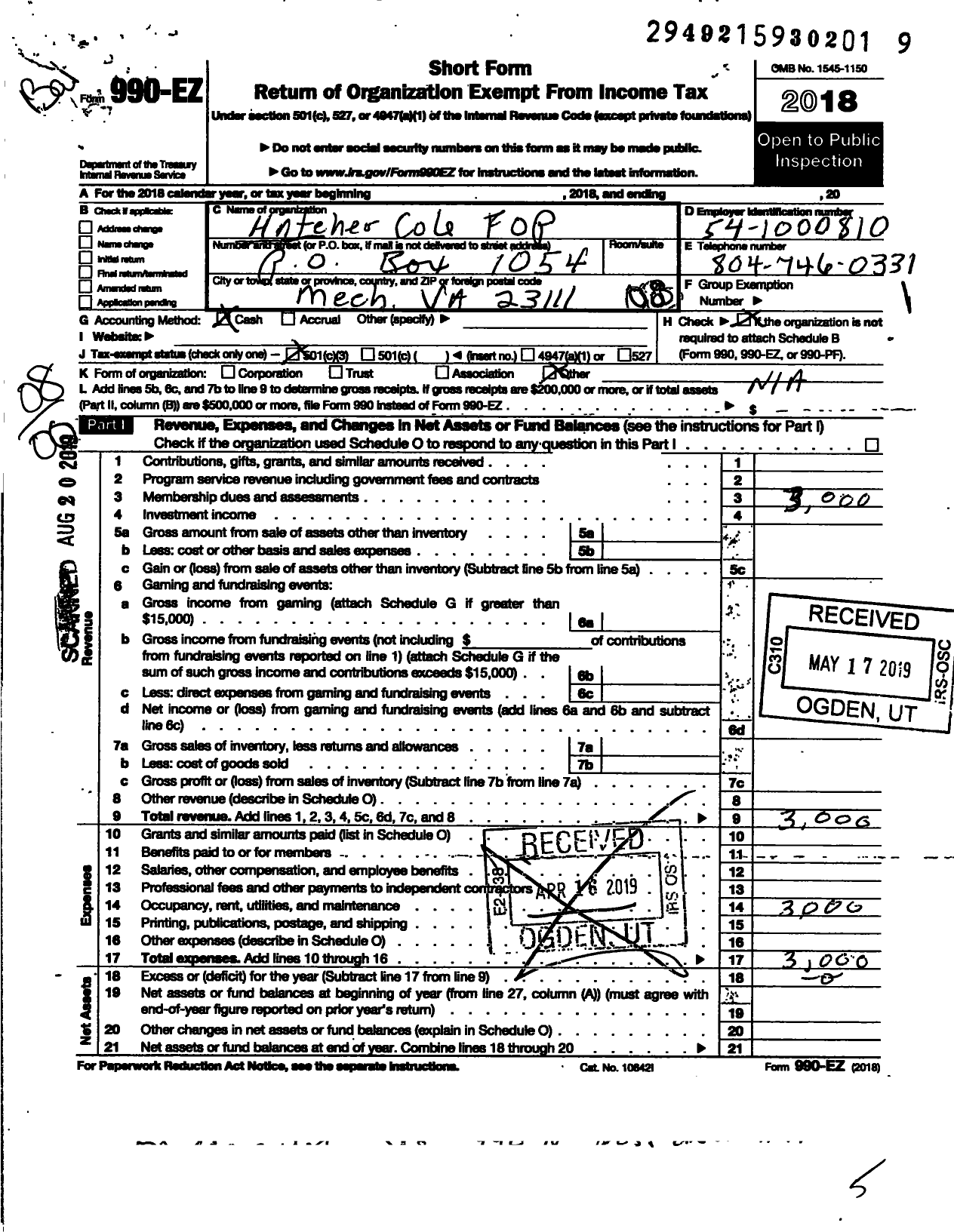 Image of first page of 2018 Form 990EO for Fraternal Order of Police - 38 Hatcher Cole Lodge