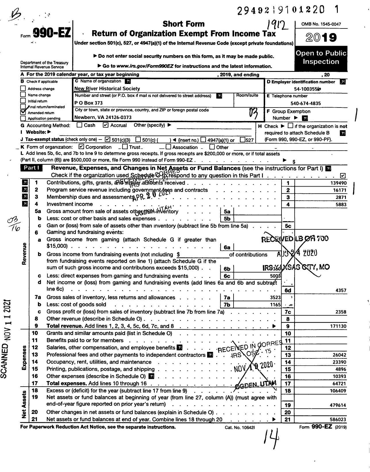 Image of first page of 2019 Form 990EZ for Wilderness Road Regional Museum