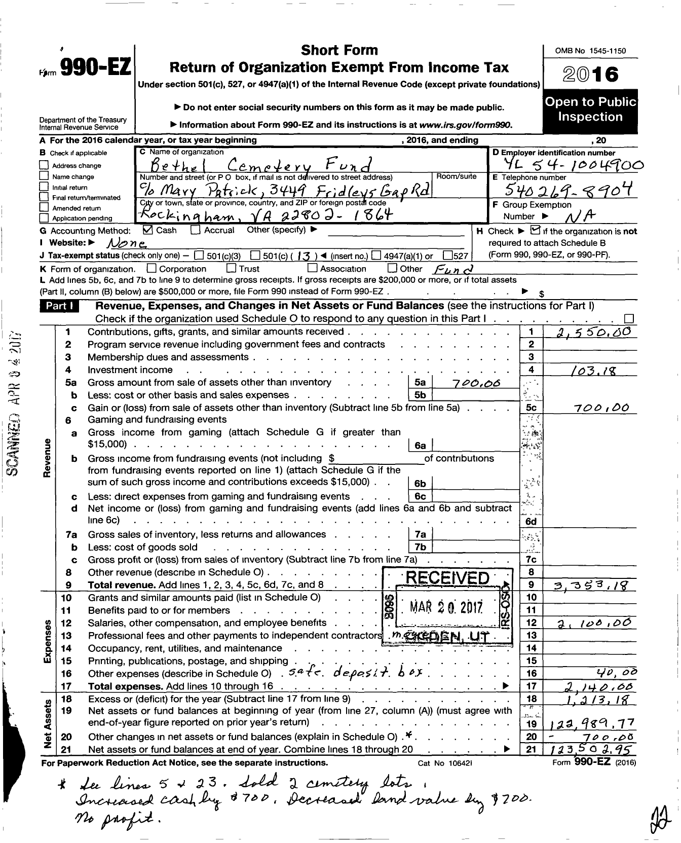Image of first page of 2016 Form 990EO for Bethel Cemetery Fund
