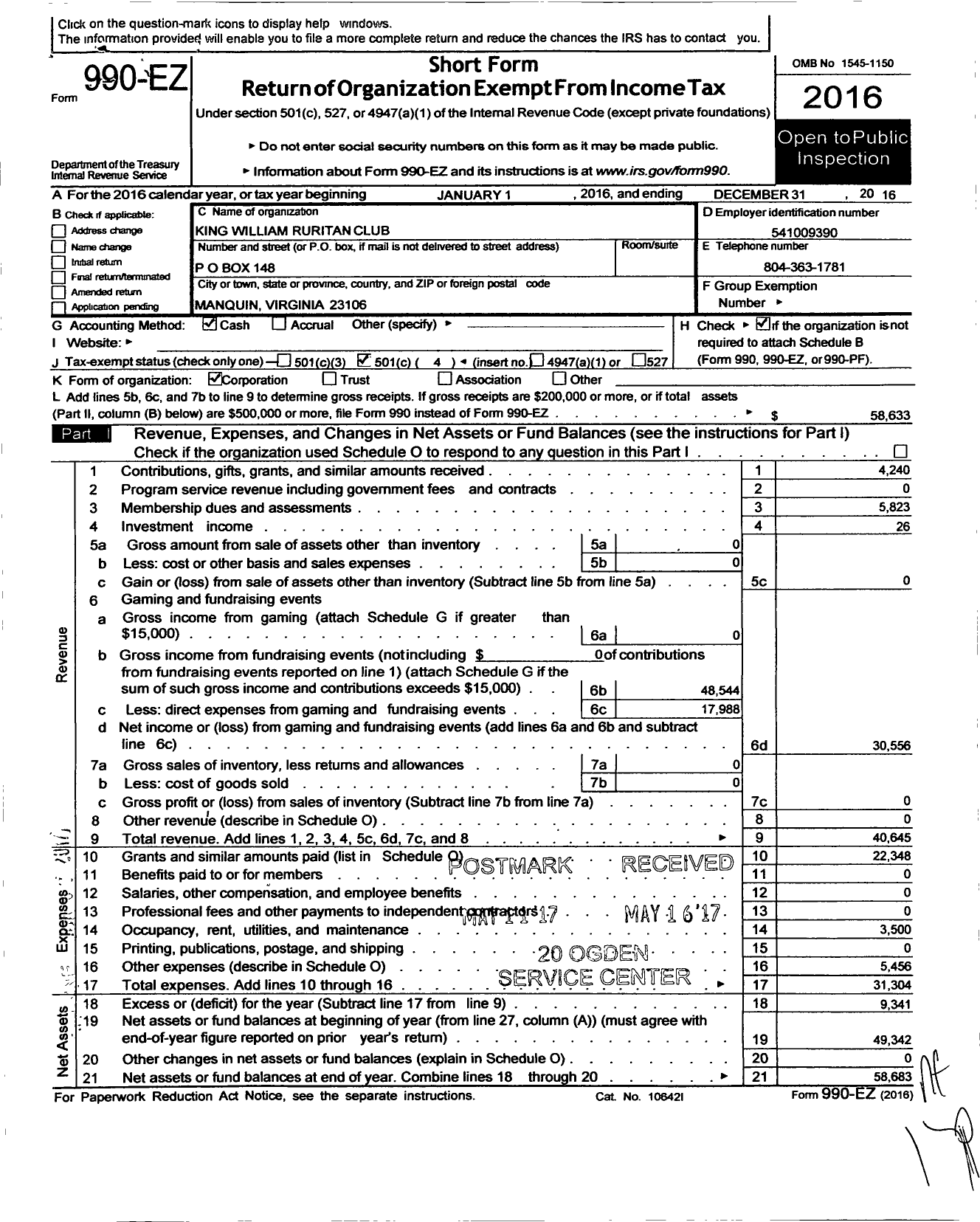 Image of first page of 2016 Form 990EO for Ruritan - King William