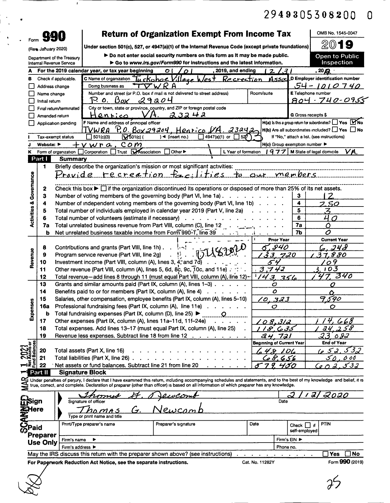 Image of first page of 2019 Form 990 for Tuckahoe Village West Recreation Association (TVWRA)