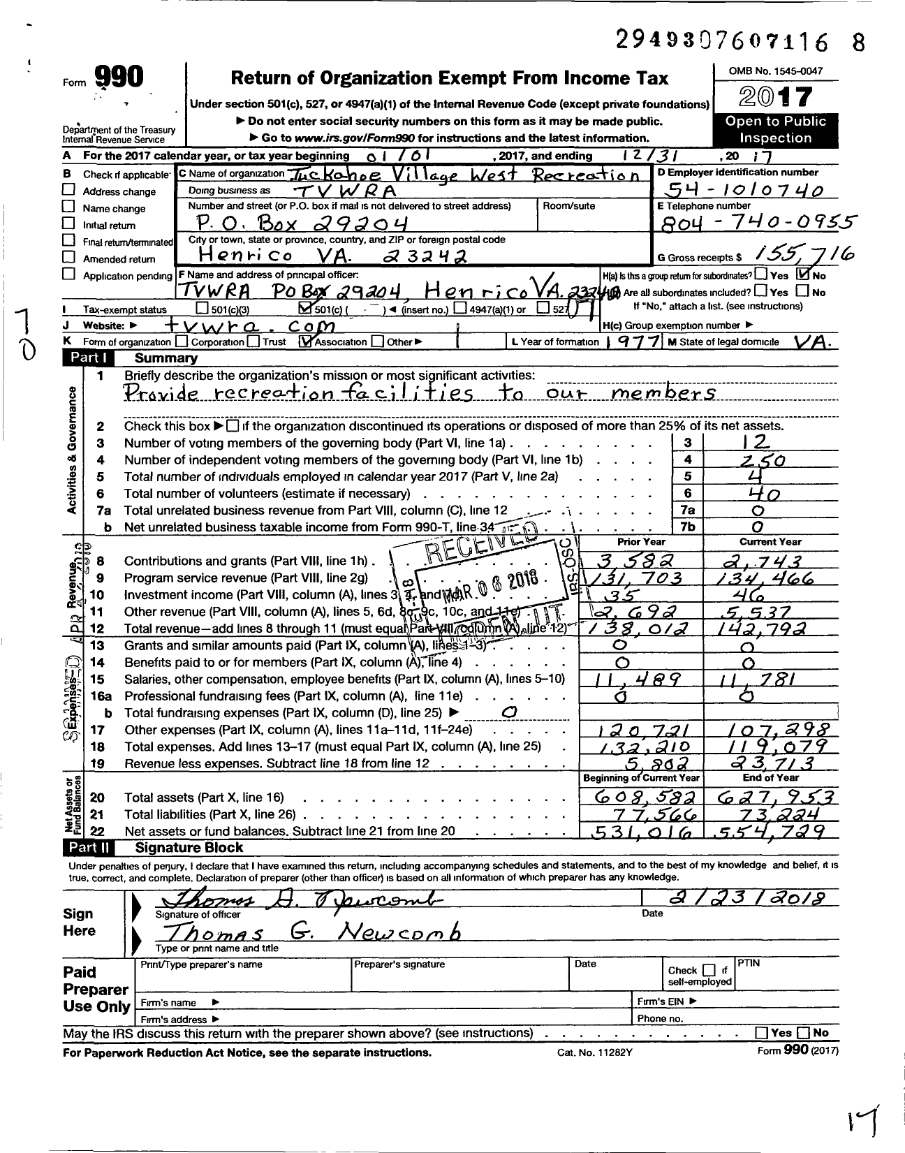Image of first page of 2017 Form 990O for Tuckahoe Village West Recreation Association (TVWRA)