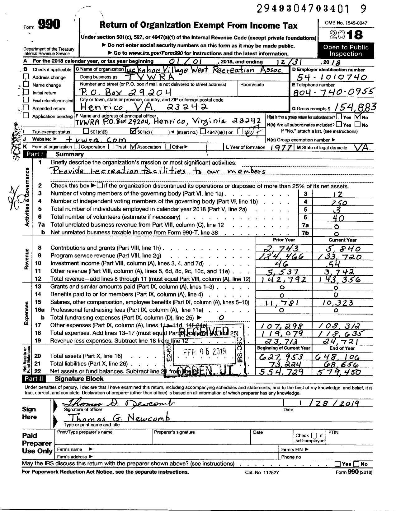 Image of first page of 2018 Form 990O for Tuckahoe Village West Recreation Association (TVWRA)
