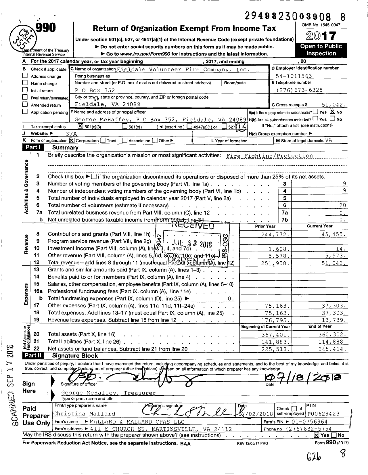 Image of first page of 2017 Form 990 for Fieldale Volunteer Fire Company