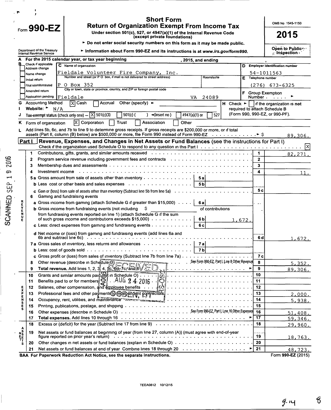 Image of first page of 2015 Form 990EZ for Fieldale Volunteer Fire Company