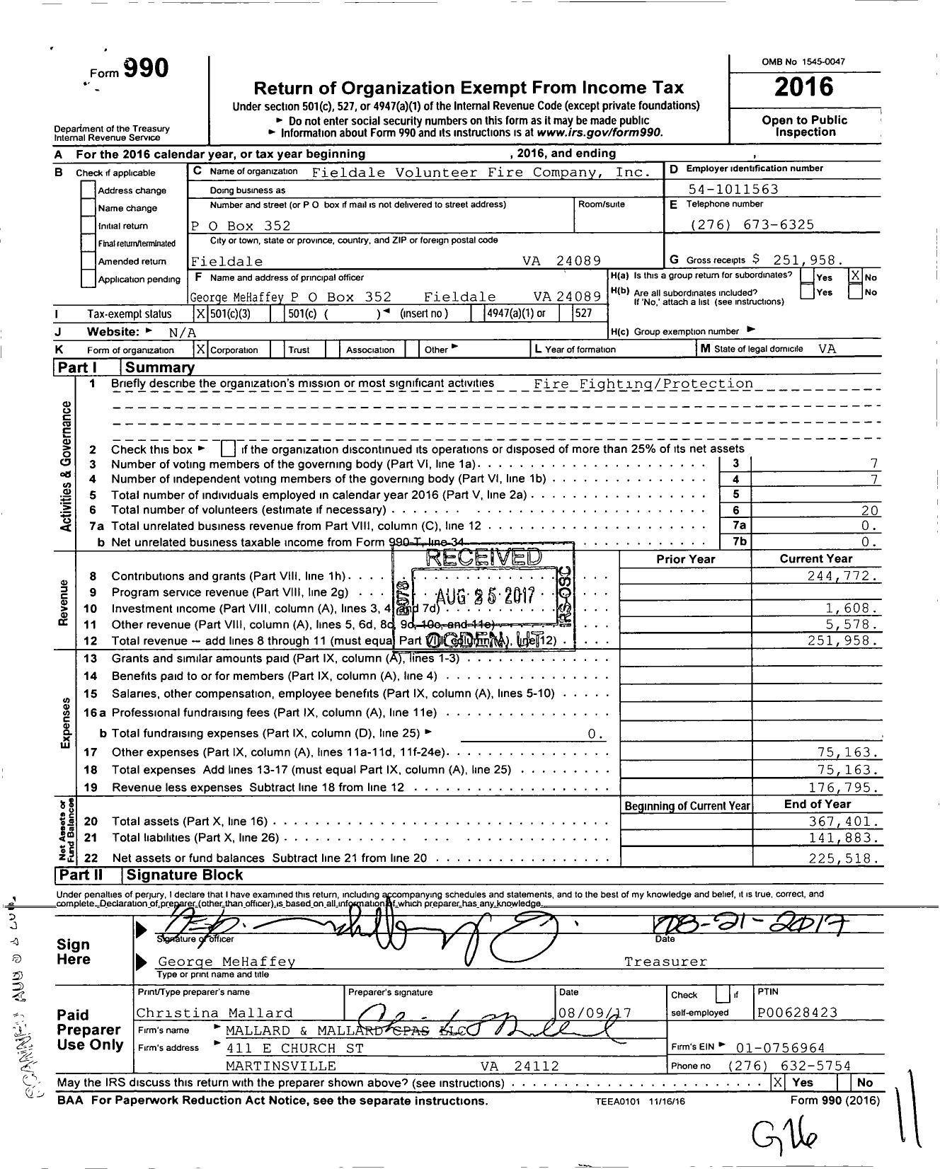 Image of first page of 2016 Form 990 for Fieldale Volunteer Fire Company