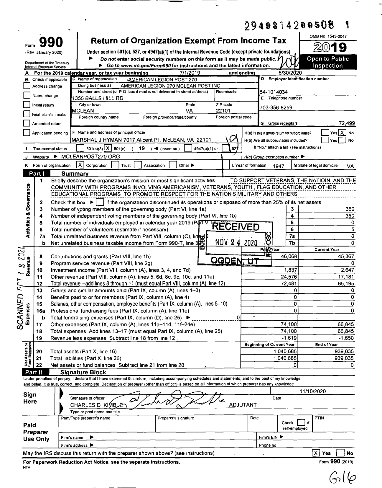 Image of first page of 2019 Form 990O for American Legion - American Legion Post 270