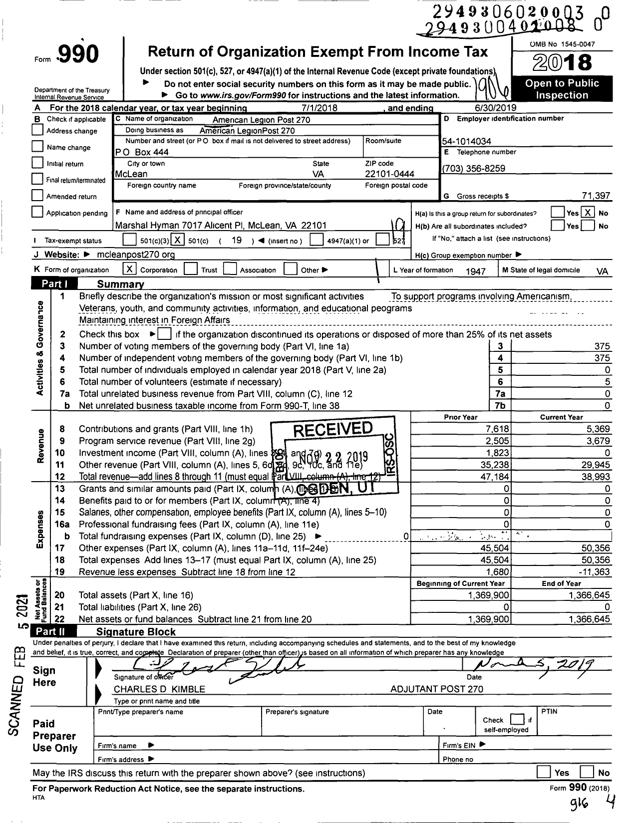 Image of first page of 2018 Form 990O for American Legion - American Legion Post 270