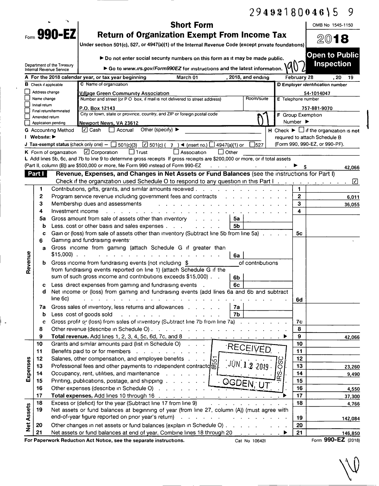 Image of first page of 2018 Form 990EO for Village Green Community Association