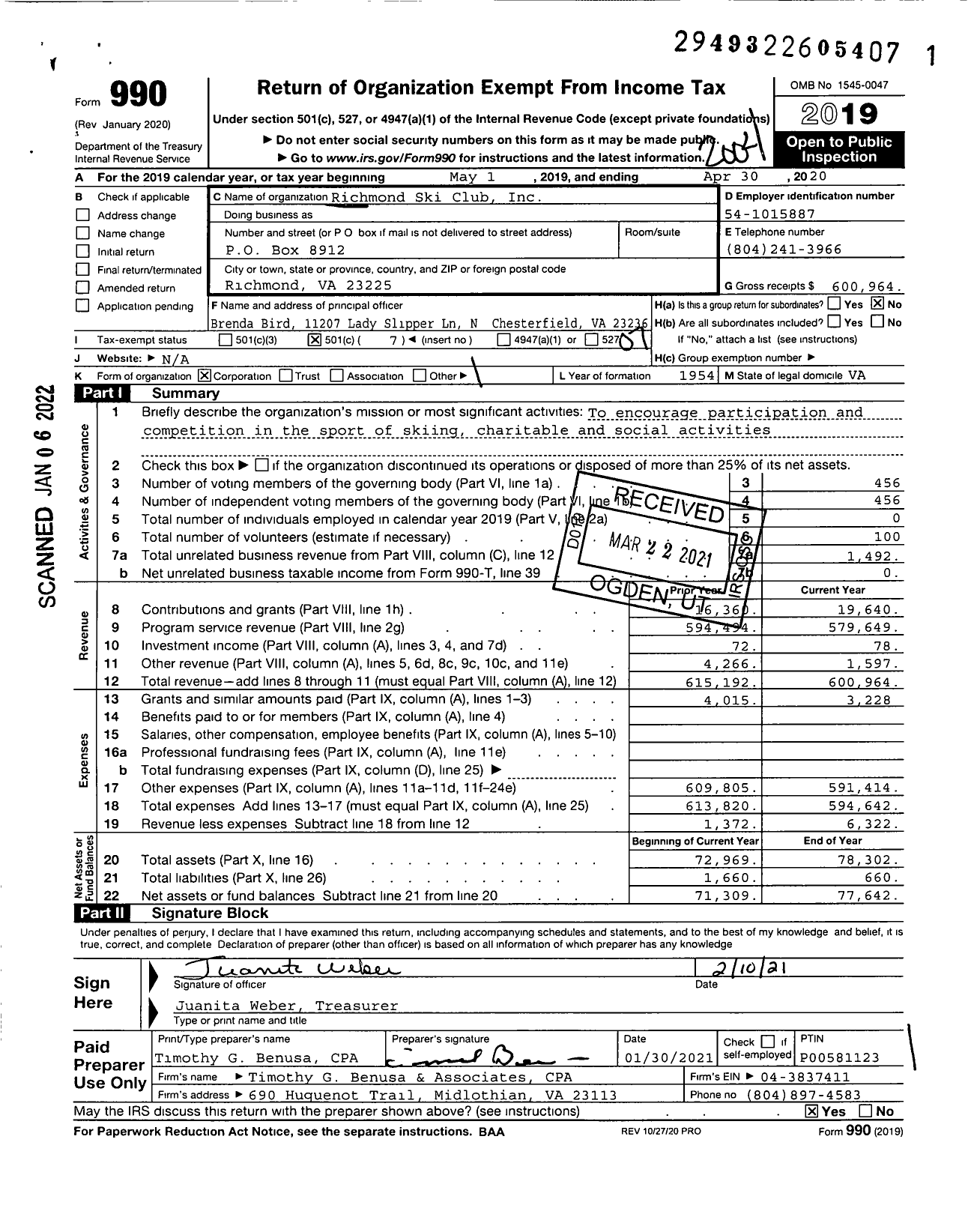 Image of first page of 2019 Form 990O for Richmond Ski Club