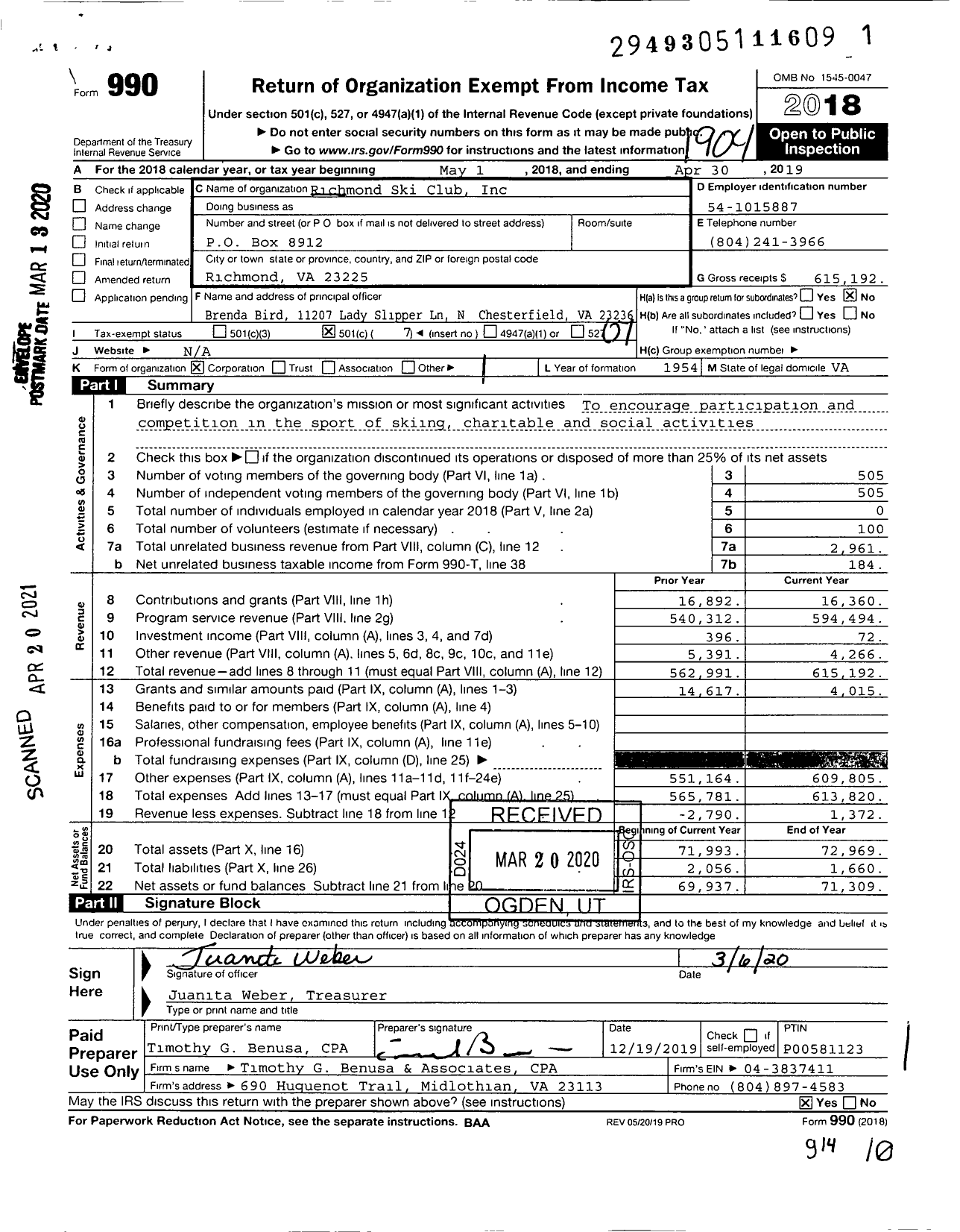 Image of first page of 2018 Form 990O for Richmond Ski Club