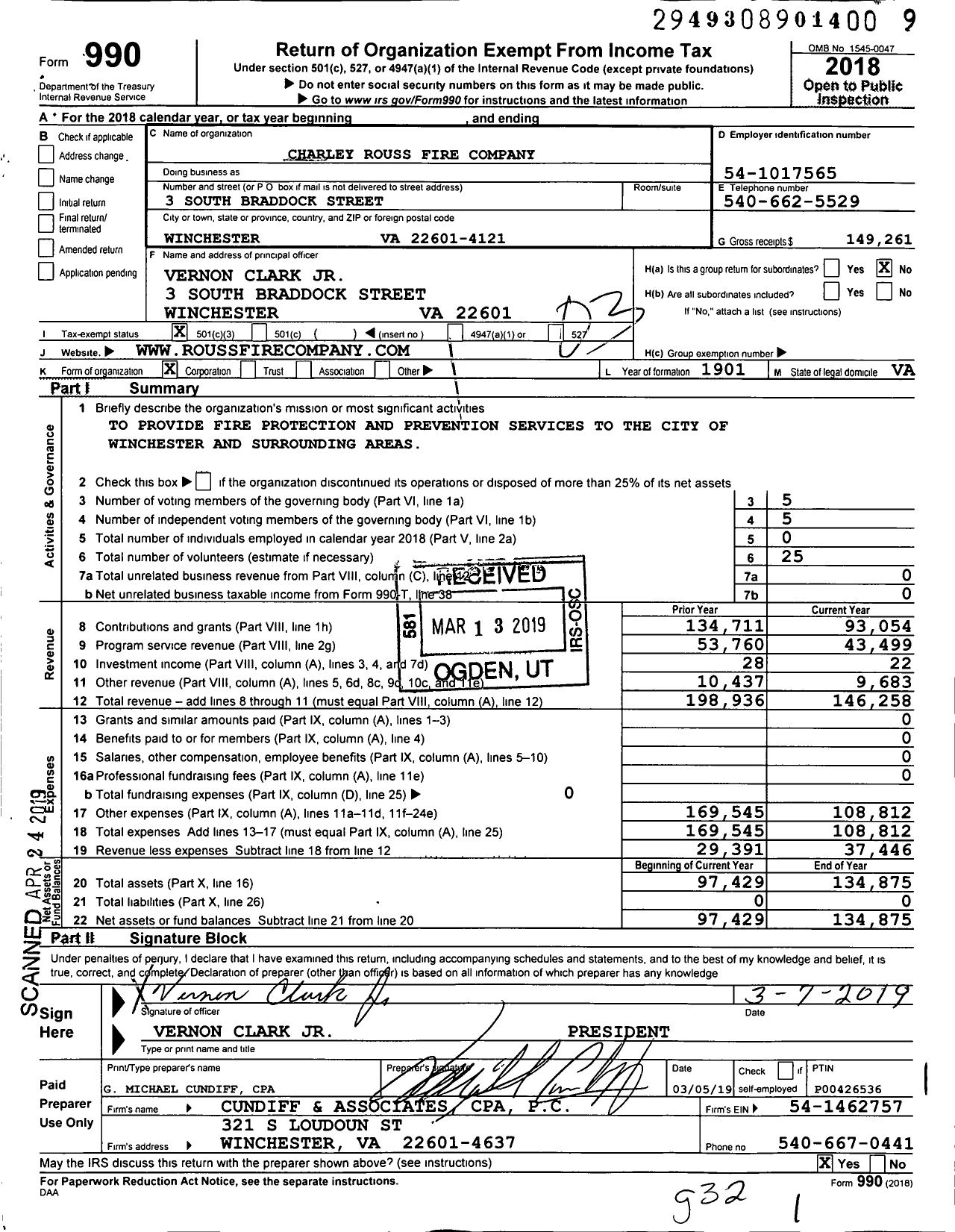 Image of first page of 2018 Form 990 for Charley Rouss Fire Company