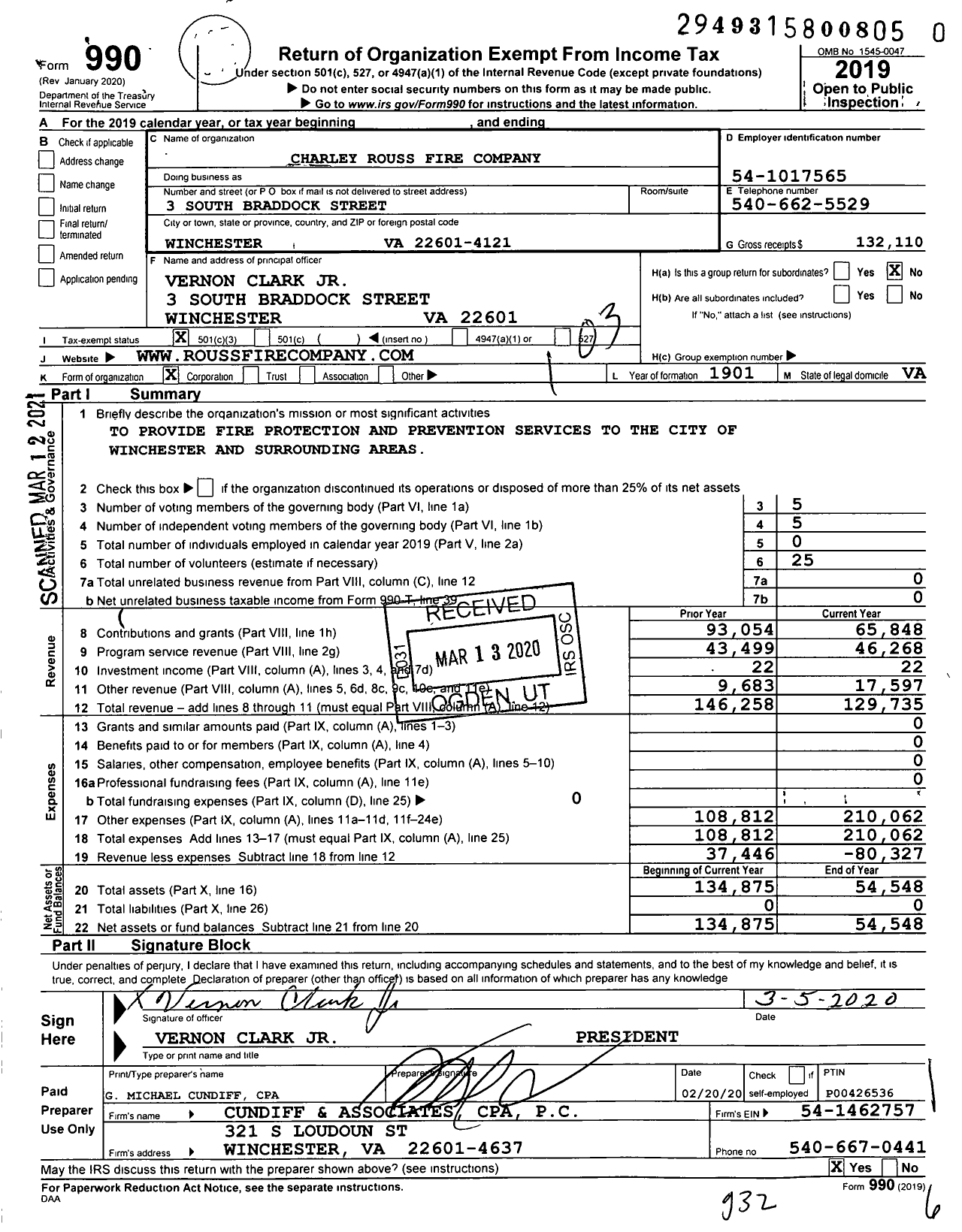 Image of first page of 2019 Form 990 for Charley Rouss Fire Company