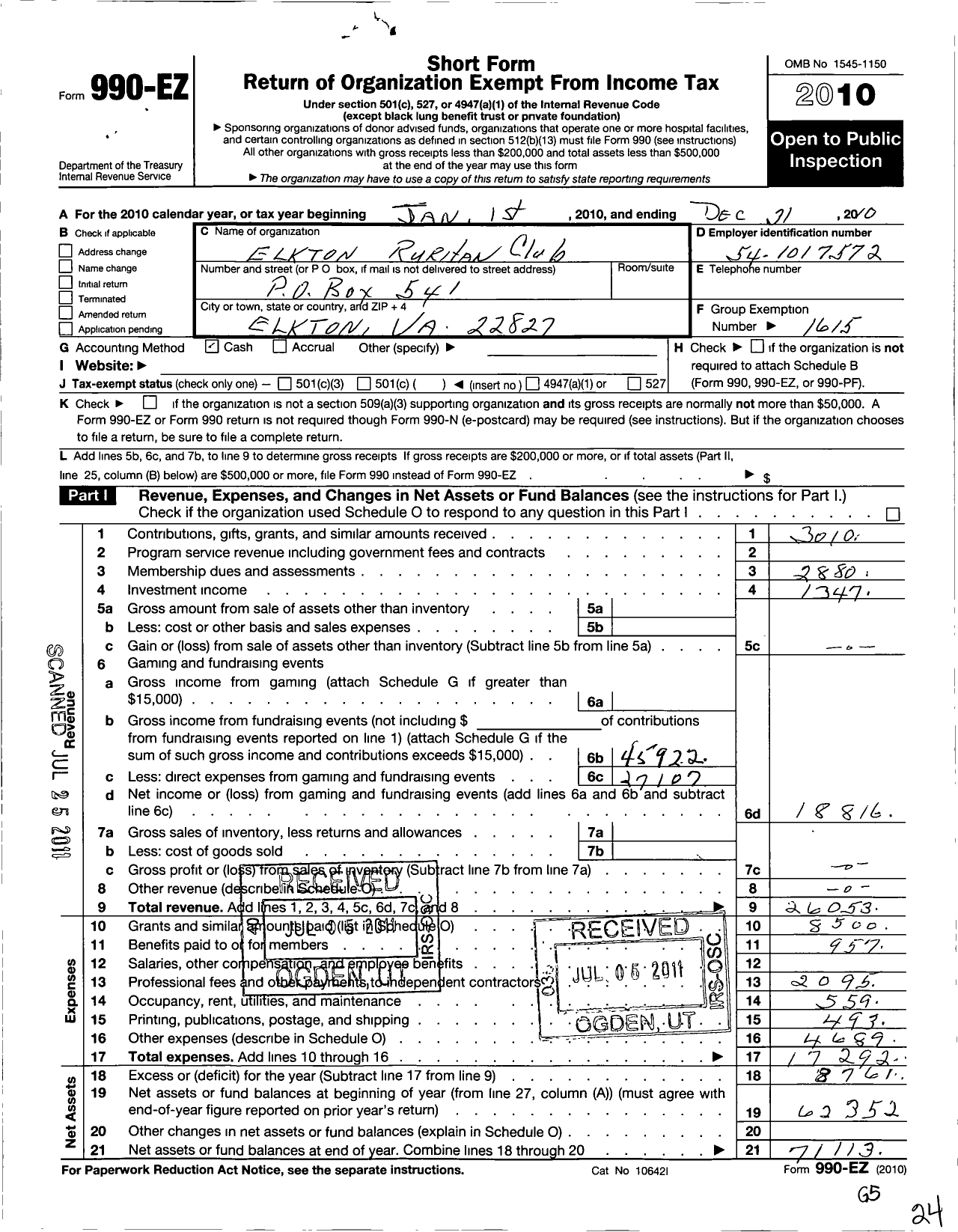 Image of first page of 2010 Form 990EO for Ruritan - Ruritan National Corp