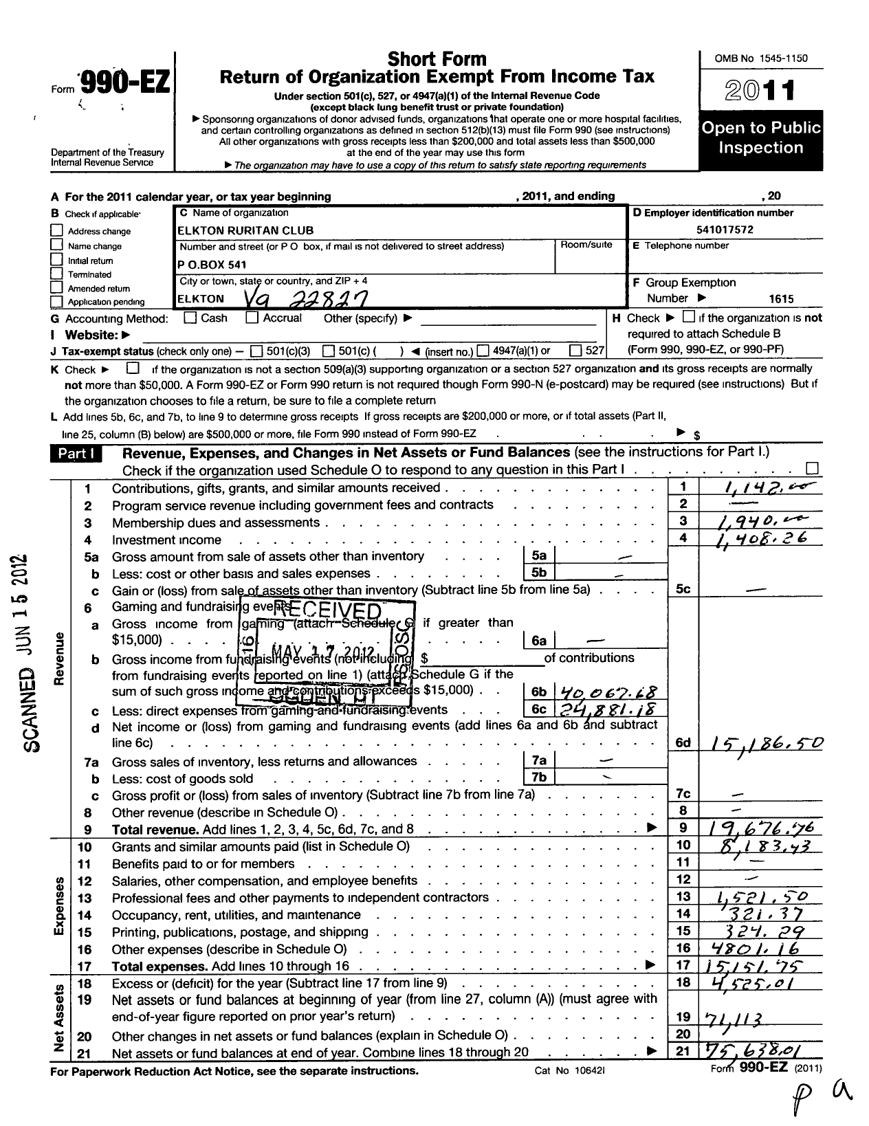 Image of first page of 2011 Form 990EO for Ruritan - Ruritan National Corp