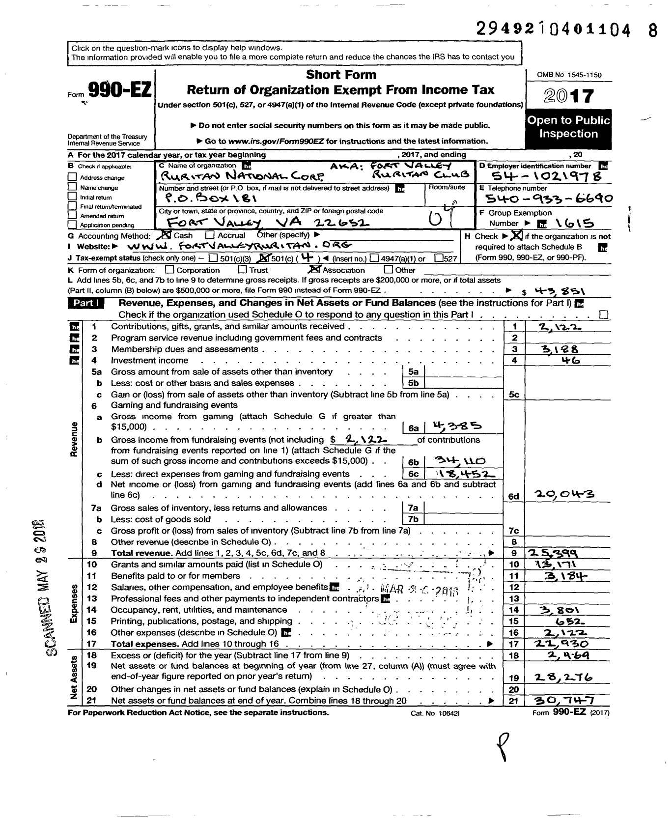 Image of first page of 2017 Form 990EO for Ruritan - Fort Valley Ruritan Club