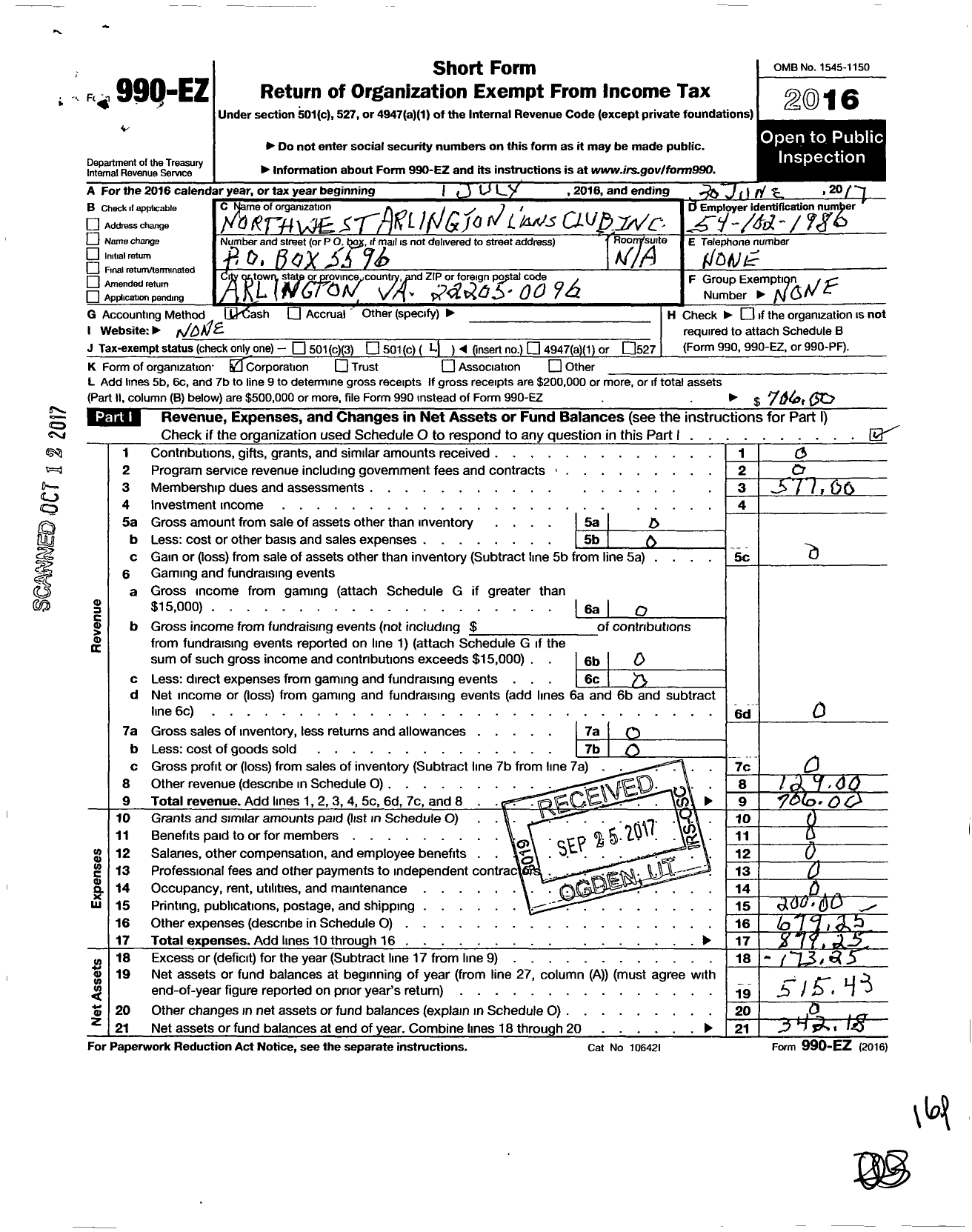 Image of first page of 2016 Form 990EO for Lions Clubs - 9113 Arlington Northwest