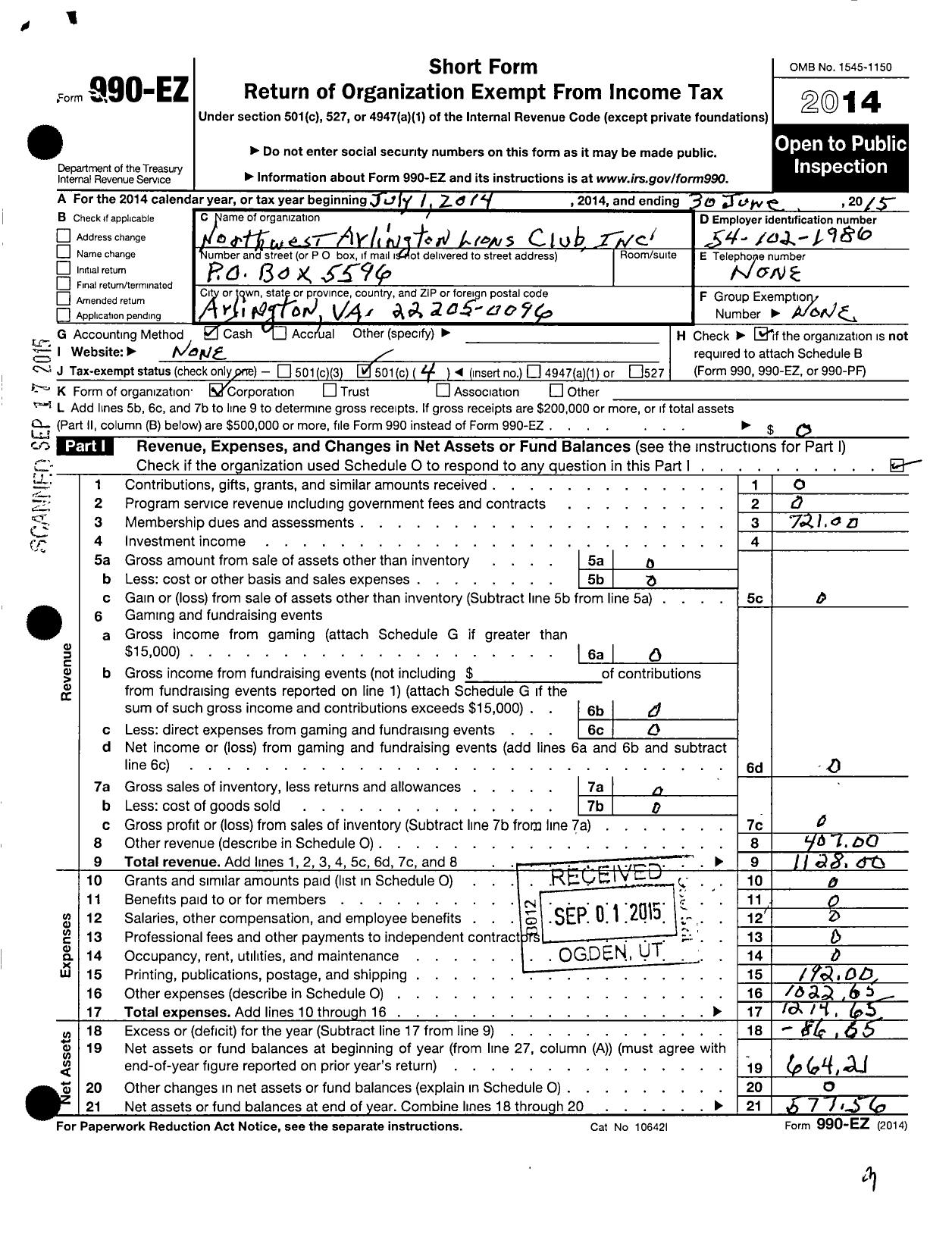 Image of first page of 2014 Form 990EO for Lions Clubs - 9113 Arlington Northwest