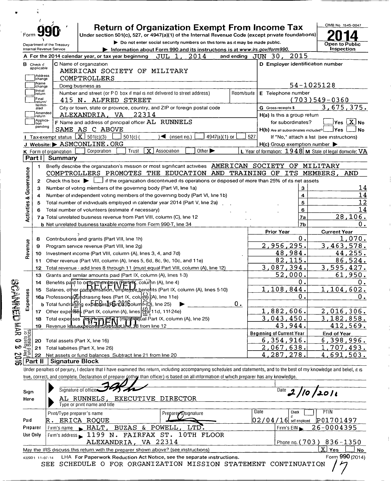 Image of first page of 2014 Form 990 for American Society of Military Comptrollers