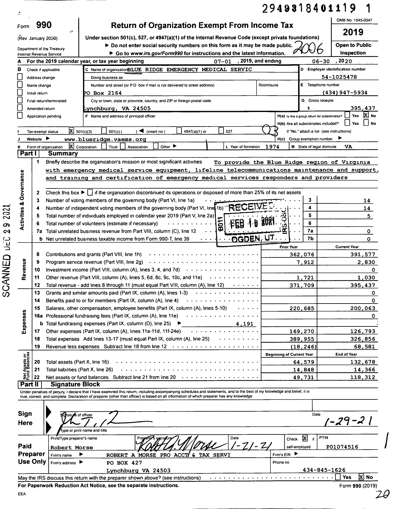 Image of first page of 2019 Form 990 for Blue Ridge Emergency Medical Services Council